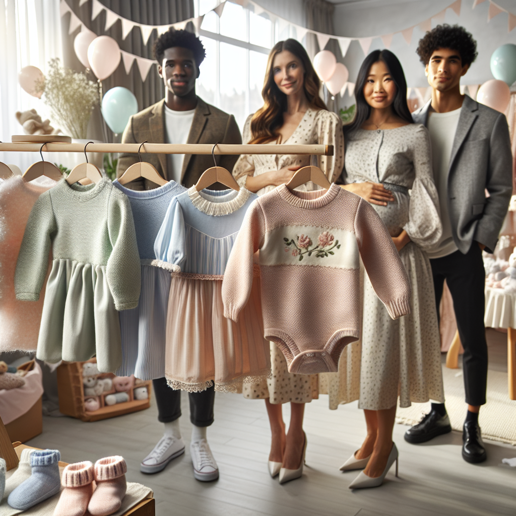 In the scene, display a collection of must-have outfits for a baby shower in the month of March. Picture a clothing rack filled with pastel-colored plush onesies, tiny woolen hats, and petite socks appropriate for a baby. For the attendees, showcase a Caucasian woman wearing a floral dress suitable for early spring, a Black man dressed in a semi-casual blazer and jeans, and an Asian woman donning a soft knitted sweater with delicate embroidery. They're all together in a room decorated with soft streamers and balloons reflecting a baby shower's joyous celebration.