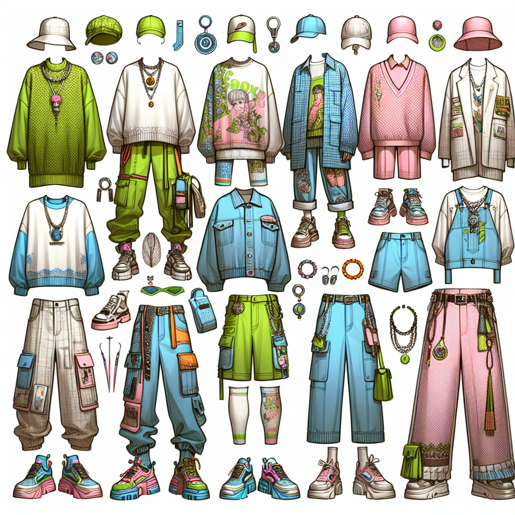 Must-Have Outfits for a Billie Eilish Concert Design a collection of must-have outfits depicting the aesthetic of a contemporary pop concerts, highlighting a signature oversized silhouette, a blend of streetwear and luxury fashion, neon and pastel colours, plenty of chunky, eye-catching accessories, and quirky, unexpected details that showcase a unique individual style. No specific artist is referred to for the clothing style. Remember to include both a male and female model showcasing this style, one of Caucasian descent and one of Middle-Eastern descent.