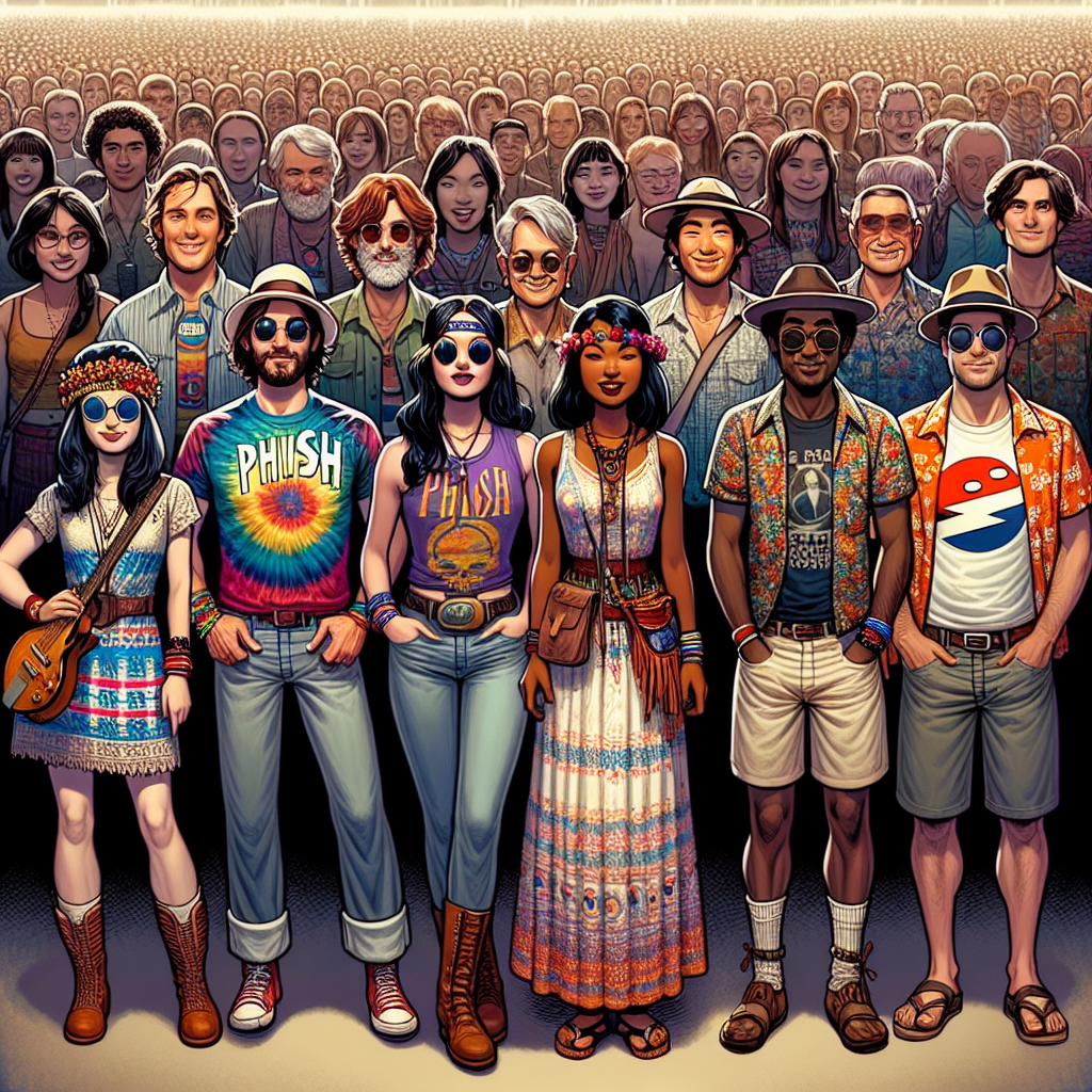 Phish Concert Outfits: Exclusive, Effortless Styles Imagine a scene at a music concert. A diverse range of people are in high spirits, displaying their varying fashion styles. There's a young Caucasian man in an effortlessly cool tie-dye t-shirt and faded jeans, a middle-aged Hispanic woman rocking a bohemian style maxi dress with colorful bangles, a black teenager wearing a quirky fedora hat and band-logo t-shirt, and a South Asian man in a funky printed Hawaiian shirt and shorts. The crowd’s unique outfits mirror the eclectic and diverse music played on stage. The atmosphere is charged and energetic, embodying the spirit of a Phish concert.