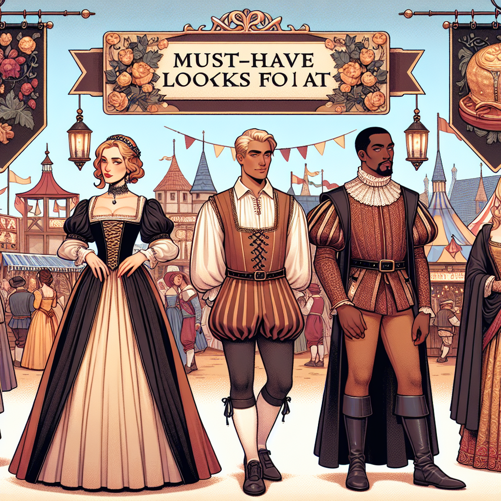 Renaissance Fair Style Guide: Must-Have Looks! Create a detailed guide illustration that focuses on must-have looks for at a Renaissance Fair. Showcase a variety of clothing from the Renaissance era, including for both genders and people of diverse descents: a Caucasian woman wearing a beautiful maiden outfit with a flowing skirt and tight bodice, a Middle-Eastern man sporting a nobleman attire with puff sleeves and jerkin, a South Asian woman in a detailed renaissance merchant dress with ruffles, and a Black man dressed as a knight in shining armour. Complete the scene with a vibrant fairground backdrop with bustling stalls, banners and people in period costumes.