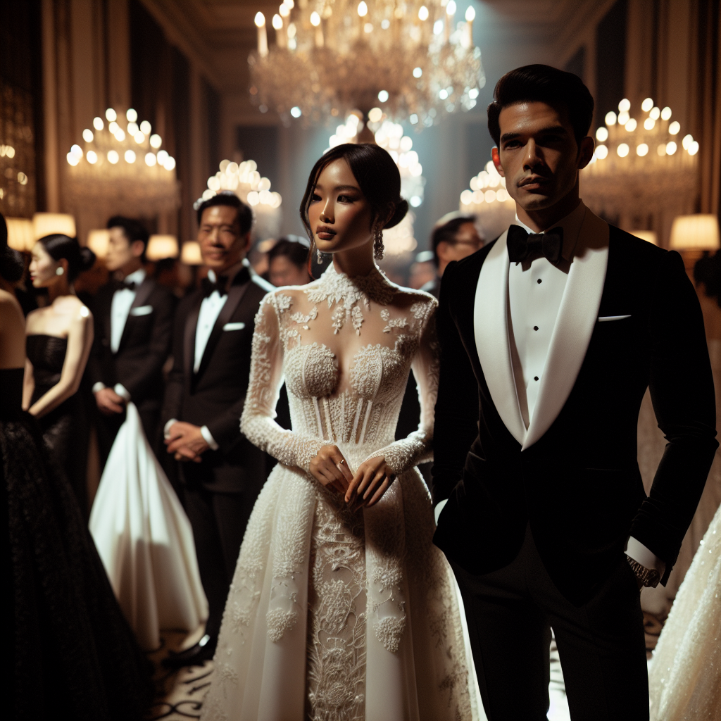 Stunning Black & White Gala Outfits: Effortless Elegance Capture a breathtaking scene of a gala event where attendants are clad in elegant black and white attire. Show an Asian woman in a sophisticated long white gown adorned with delicate lace detailing, her hair styled into an intricate updo. Beside her, a Hispanic man donning a razor-sharp black tuxedo with a white shirt underneath, looking incredibly dapper. In the background, glimpses of other attendees - a South Asian woman in a chic monochrome pantsuit, a Middle-Eastern man in a traditional black suit with a crisp white pocket square, all immersed in the gentle glowing light from vintage chandeliers.