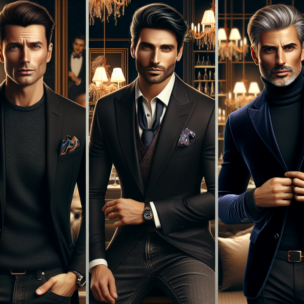 Create an image showing a sophisticated and stylish environment within a classy club setting. In the foreground, depict three men over 40 of different descents - say Caucasian, Hispanic, and Middle Eastern - each dressed in chic, age-appropriate attire suitable for a nightlife setting. The first man, Caucasian descent, could be wearing a sharp black blazer with a crisp white shirt and dark jeans. The second man, of Hispanic descent, might be donning a sleek dark grey suit with a colorful pocket square. The third man, of Middle Eastern descent, may be styled in a fashionable navy blue velvet jacket with a black turtleneck. Each man should radiate confidence and timeless style.