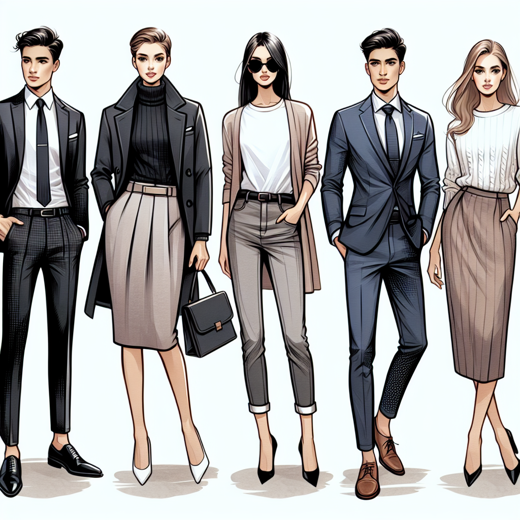 Must-Have Looks for Under Your Sport Coat Illustrate a fashionable scene demonstrating a variety of stylish outfits designed to be worn under a sport coat. Feature an array of attire for different occasions, ranging from formal events to casual outings. These outfits should include a variety of dress shirts, T-shirts, and sweaters, accented with accessories like ties and pocket squares. In the depiction, include four distinct figures each showcasing a different look. Figure 1 could be a Caucasian male in a dress shirt and tie, Figure 2 a Black female in a classy turtleneck, Figure 3 a Hispanic male in a simple T-shirt, and Figure 4 a South Asian female in a elegant sweater.