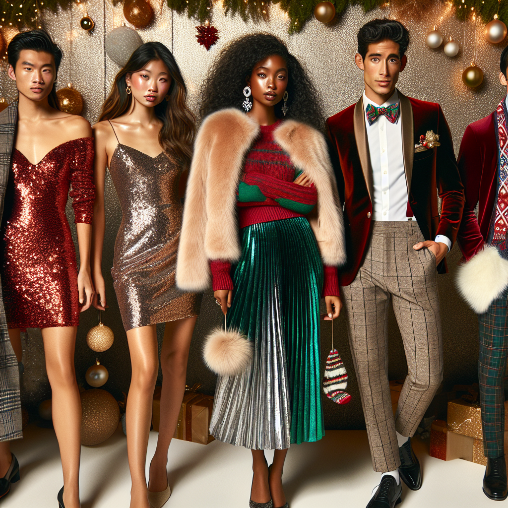 Christmas Party Outfits: Stunning Must-Have Styles Imagine a festive scene showcasing various Christmas party outfits. For the women, one could be wearing a sequin-adorned dress in vibrant red with a fluffy fur shawl, another might opt for an elegant green velvet jumpsuit. A black woman is in a gold glittering cocktail dress, her South Asian friend in a silver metallic pleated skirt paired with a cozy cashmere sweater. The men are equally stylish. An Asian man dons a classic suit with a fun, holiday-themed tie, a Hispanic man impresses in a sophisticated velvet blazer, and a Middle-Eastern man in a festive, tartan-patterned suit. Add touches of twinkling Christmas lights in the background.