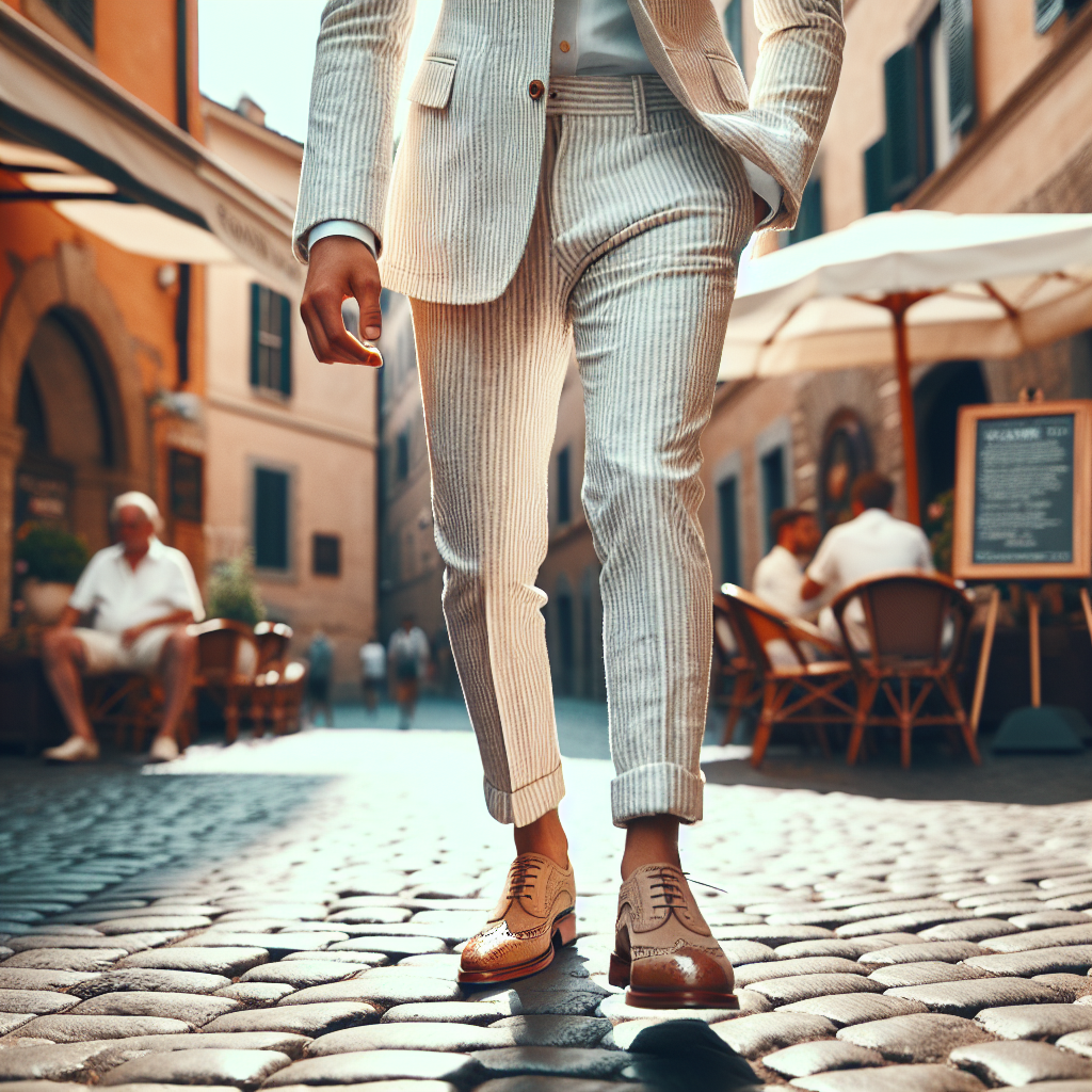 Create a visually engaging image of an anonymous and stylish individual dressed in a fresh, pale striped seersucker suit, taking stride on a cobblestone street. Highlight the matching combination of light tan brogues on his feet. Accentuate the sunny, warm atmosphere surrounding him and the casual sophistication that his attire exudes. The setting could be a busy city street dotted with cafes and fashionable boutiques. Please ensure that the individual's racial identity is left ambiguous.
