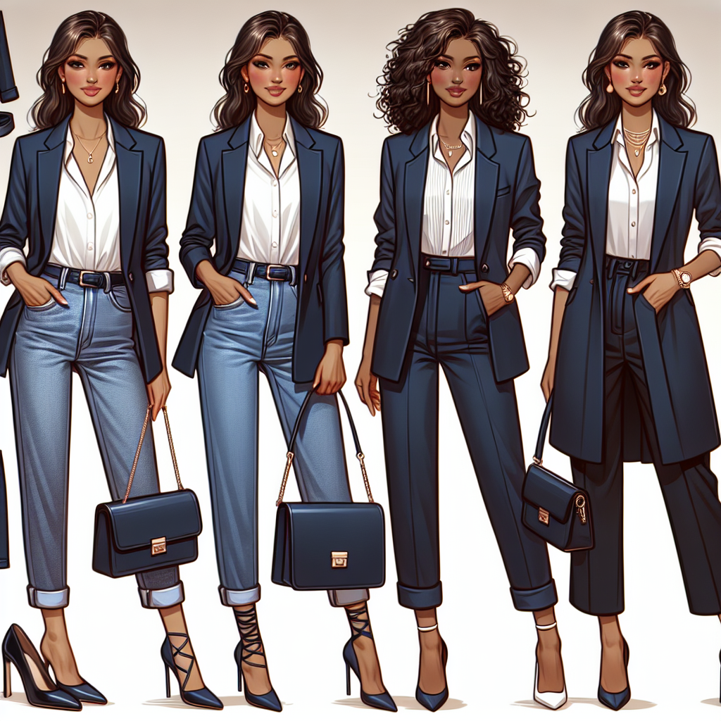 A stylish image showcasing different ways for women to wear navy blazers. The first scene displays a South Asian woman pairing her navy blazer with a white blouse and high-waist jeans in a casual setting. The second illustration features a black woman combining her blazer with a professional button-down shirt and a pair of matching trousers for a business meeting. Finally, an image of a Middle-Eastern woman wearing her blazer with a matching skirt for a formal event. Additional details could include various accessories like bags, scarves, shoes tailored to each outfit.