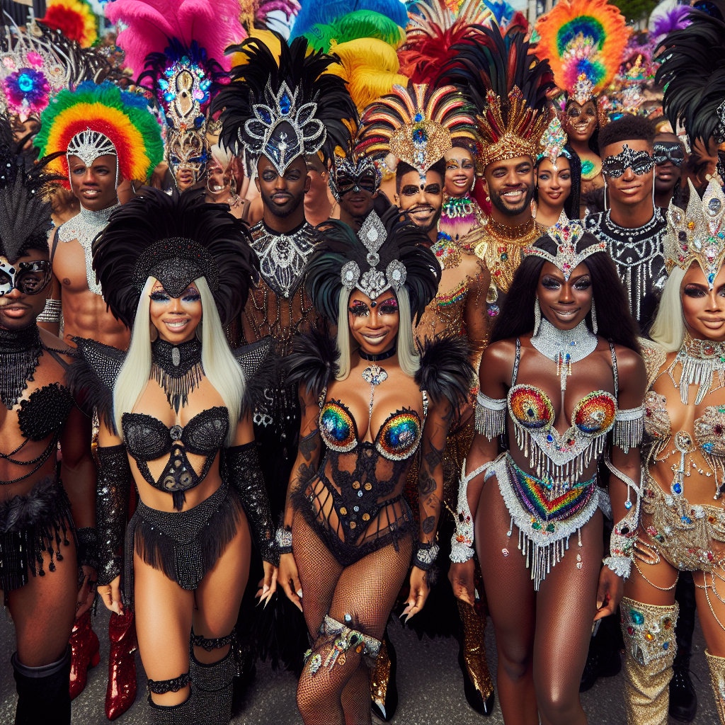 Colorful and vibrant Mardi Gras parade atmosphere at daytime. Includes a group of enthusiastic people of Black, White, Middle-Eastern, South Asian and Hispanic descent all in festive Mardi Gras costumes. The costumes have intricate details showing feathers, sequins, and beadwork. Several different styles are visible, hinting at a variety of fits for anyone. Some people are wearing elaborate masks, others are adorned with flashy beads, while others wear glamorous feathered headdresses, each adding their unique touch to the festive atmosphere.