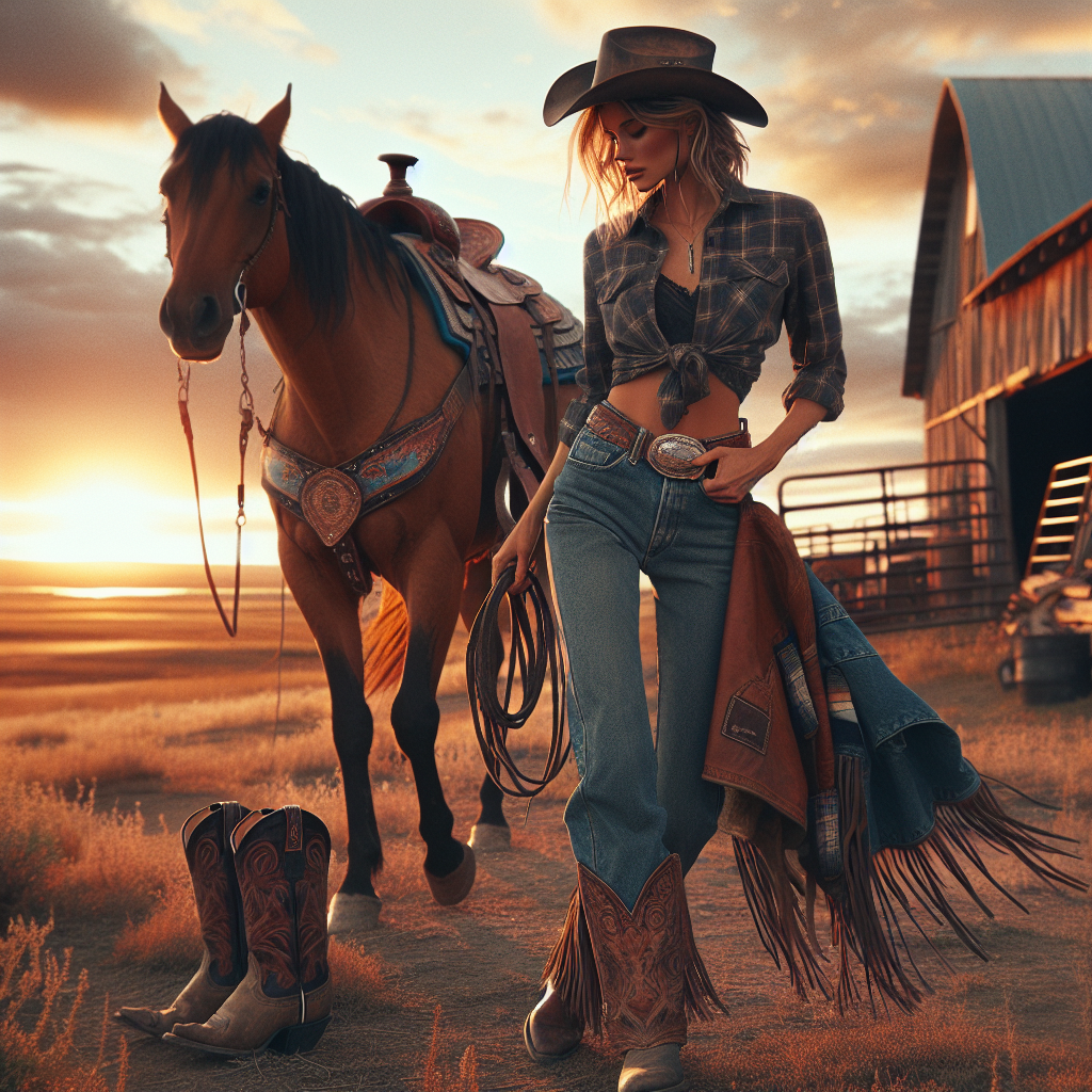 A Western rural scene at sundown with soft orange hues in the sky. Depict a Caucasian female rodeo rider in her mid-twenties donned in her stylish 'rodeo chic' attire. She is wearing worn-in denim jeans, a plaid shirt tied at the waist, and a leather-fringed rodeo jacket. Her feet are in decorated cowboy boots, and she has a cowgirl hat on her head. She is seen walking towards her horse, brushing its mane with a genuine grin. In the background, capture a rustic barn and miles of open prairie.