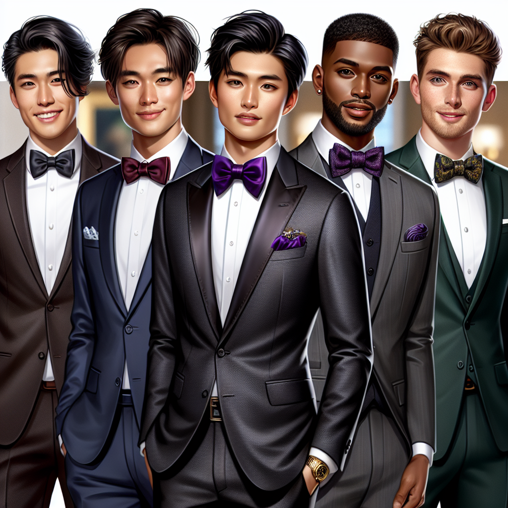 Frat Formal Fashion: Must-Have Looks for Every Style Imagine a detailed and vivid scene displaying a variety of fashionable and trendy outfits for fraternity formal occasions. One young man of Asian descent is donning a classic black tuxedo with a shiny silver tie, another of Hispanic descent is looking sharp in a navy blue suit and burgundy tie, an African American man with a stylish haircut is wearing a tailored charcoal grey suit with a deep violet bow tie, and a Caucasian man is rocking a fitted dark green suit with a gold pocket square. They all have confident smiles on their faces, looking ready for a night of celebration.