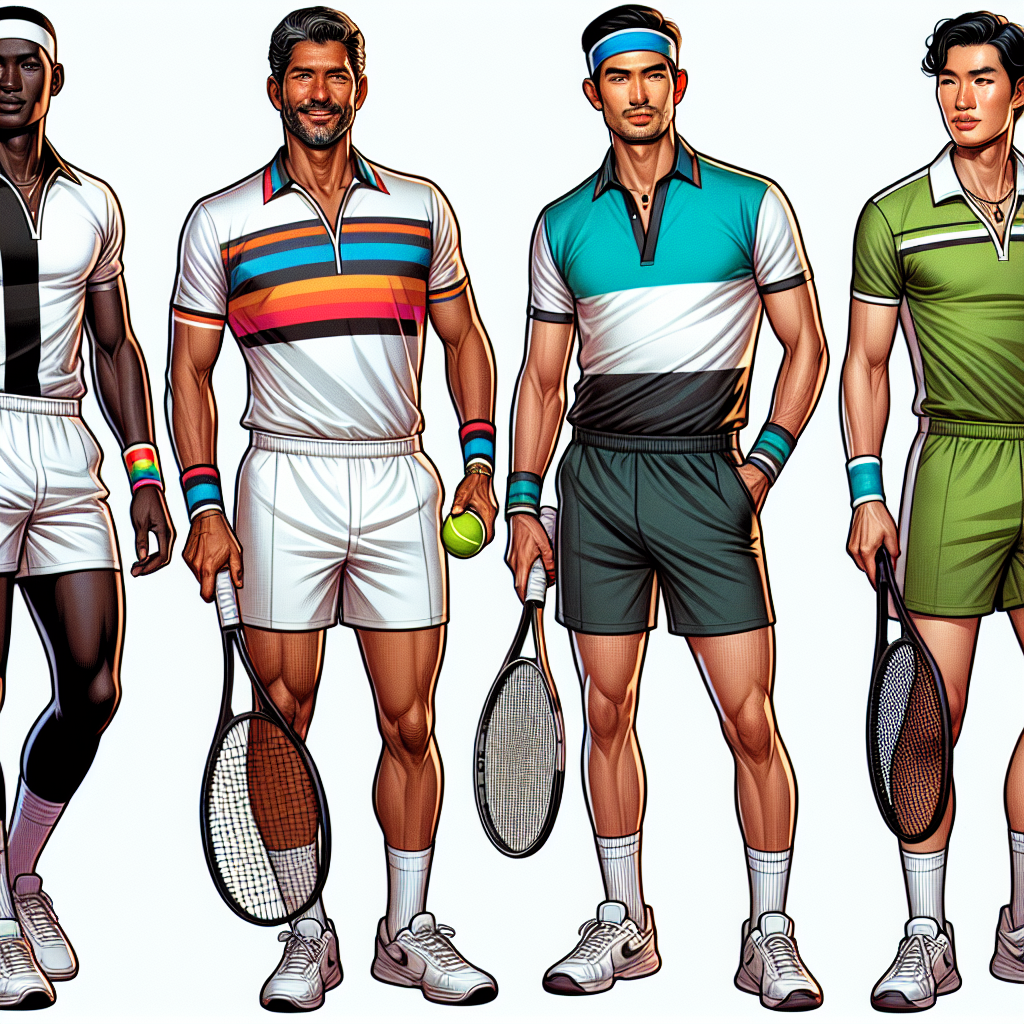 An illustration of four diverse distinct men preparing for a tennis match in style. The first is a Black man in his 30s, showing off a classic, white tennis outfit with matching headband and wristbands. The second is a Hispanic man in his 50s, wearing a brightly colored tennis polo shirt and matching shorts. The third is a Middle-Eastern man in his 20s, in a sleek, black matching tennis set; while the last one is a South Asian man in his 40s, opting for a more traditional green and blue stripe tennis outfit. All are holding tennis rackets and looking confident.