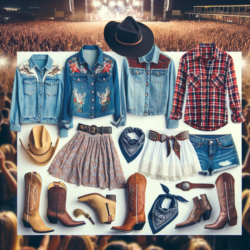 Visualize an assortment of fashionable clothing suitable for a country music concert. Include a variety of outfits that reflect the spirit of country music and the vibrant atmosphere of live concerts. Imagine a crowd-pleasing, blue denim jacket adorned with detailed embroidery, a chic, vibrant red flannel shirt worn with a classic pair of black cowboy boots, and a playful white sundress paired with an intricate leather belt. Also, showcase a trendy graphic t-shirt styled with a patterned bandana and rugged brown leather boots. Remember to capture the hustle and bustle of an energetic concert venue in the backdrop.