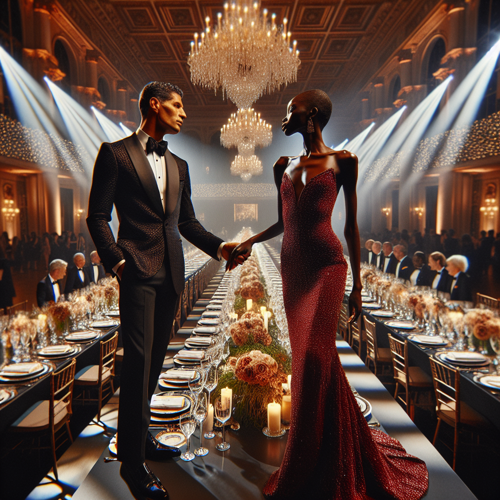 What to Wear to a Gala Dinner: Effortless Elegance Visualize a sophisticated scene at a gala dinner. Spotlights shine on a long, elegantly decorated table filled with gleaming silverware, crystal glasses, and charming floral centerpieces. A South Asian man in a black tuxedo is greeting an African woman, who is wearing a sparkling, silk gown in a rich shade of ruby red that perfectly contrasts her skin tone. They stand against the backdrop of a grand ballroom adorned with gold accents and crystal chandeliers, all reflecting the perfect blend of luxury and effortless elegance.