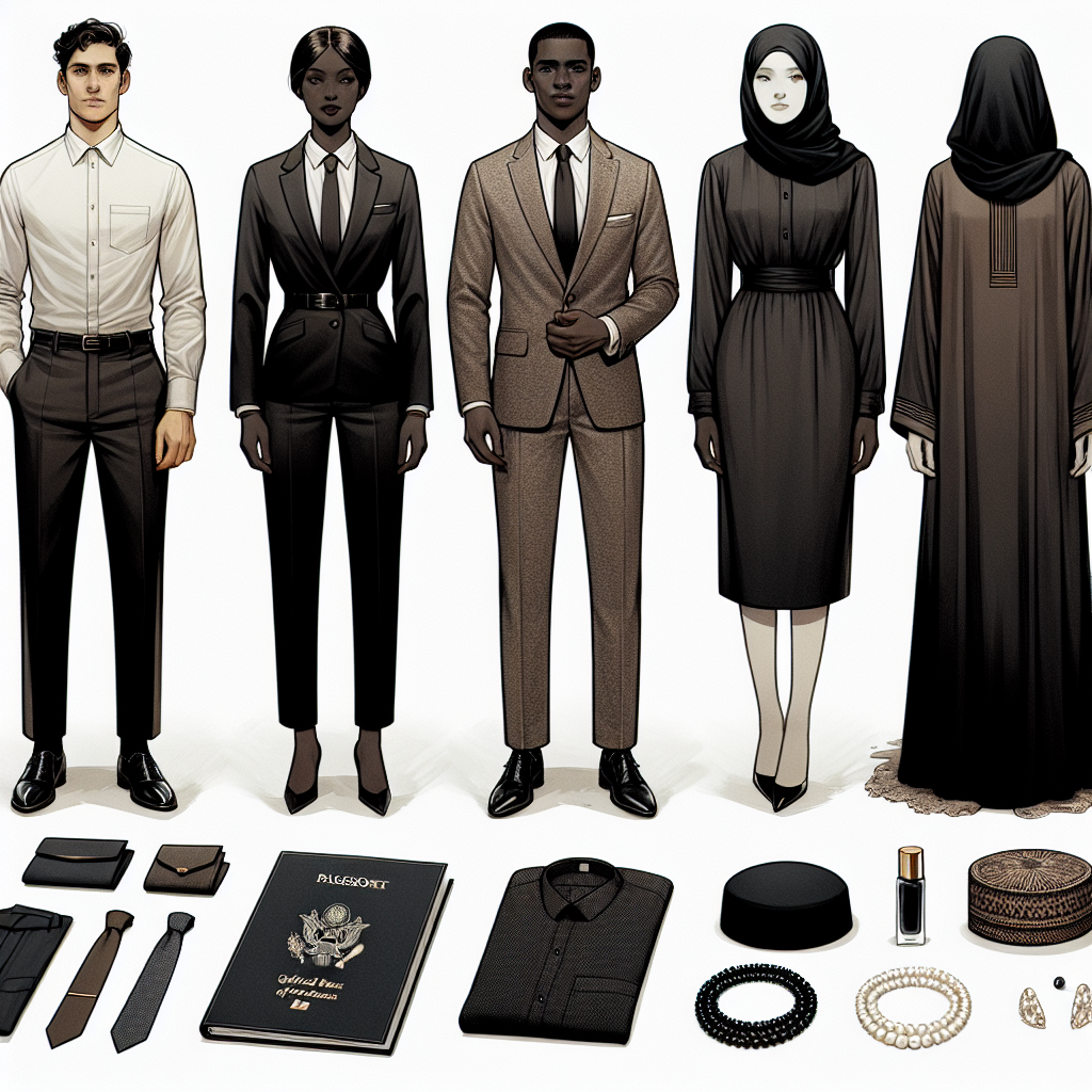 What to Wear to a Wake: Effortless, Respectful Choices A collection of appropriately somber, respectful clothing suited for attending a wake. On the left, display a South Asian man's attire comprising a button-down shirt paired with a dark-colored suit and matching trousers. In the middle, illustrate a black woman dressed in a streamlined, black, knee-length dress, a light evening shawl draped over her shoulders. On the right, show a middle-eastern man with a subdued-colored traditional thobe. Scatter a few tasteful accessories like black hats, ties, and pearls around the clothing items for effect, and have a solemn mood permeated throughout the image.