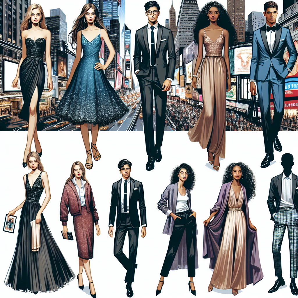 Must-Have Outfits for a Broadway Show in NYC Illustrate a diverse collection of smart, semi-formal attire suitable for various individuals attending a Broadway show in New York City. A Caucasian woman wearing a tasteful cocktail dress, a Middle-Eastern man in a stylish modern suit, a Hispanic woman clad in a sophisticated jumpsuit, and a Black man in a well-tailored blazer and neat trousers. Incorporate accents that capture the vibrant spirit and glamour of Broadway, such as small, tasteful sequins, feathers, or satin materials. Capture the iconic New York cityscape in the background with elements like skyscrapers and billboards.