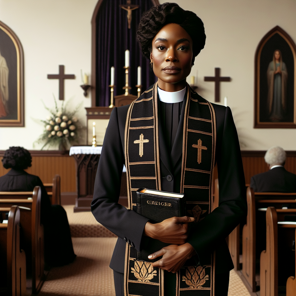 What Should a Pastor Wear to a Funeral: Must-Have Guide Visualize a scene inside a tastefully decorated ceremonial hall. In the foreground, focus on a Black female pastor. She is clad in a formal, modestly tailored black suit, complimented by an adorned clergy stole. In her hands, she holds a well-worn Bible, a symbol of her faith and wisdom. The pastor's demeanor exhibits a serene solemnity, embodying comfort and empathy. On the wall behind her are hints of tasteful, subtle religious symbols of her congregation. Optional: only hint at a few mourners, clad in dark clothing, seated at some distance, for context.