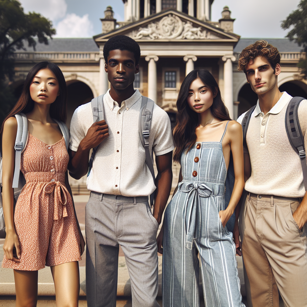 A group of four college students of different descents standing in front of an iconic campus landmark. To the left, an Asian female student is wearing a casual summer dress. Next to her, a Black male student is dressed in a lightly-colored button-up shirt and jeans. On the right, a Hispanic female student is sporting a stylish jumpsuit, and finally, a Caucasian male student is seen in a classy polo shirt with chinos. All carry trendy college backpacks with them. The overall vibe of the image is of effortless elegance perfect for a college tour.