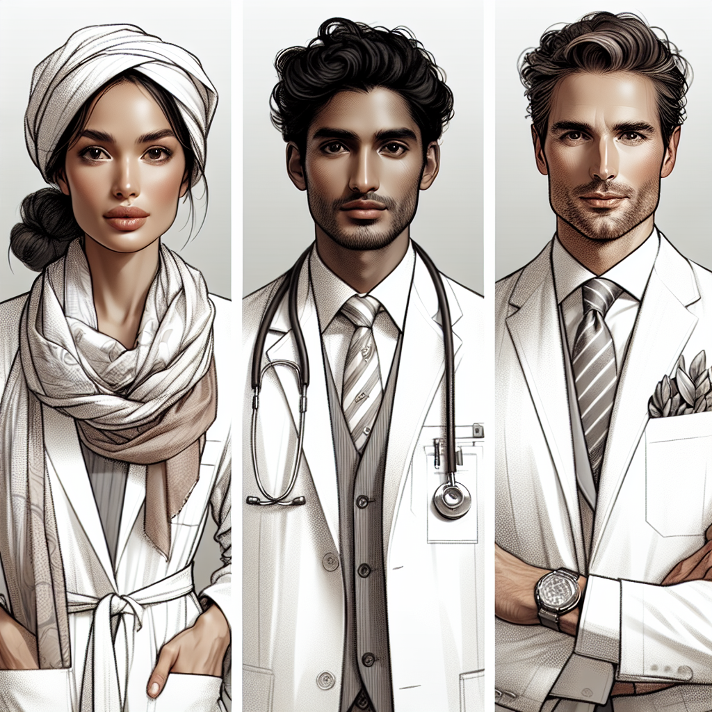 Imagine an image showcasing a fashion-forward scene at a White Coat Ceremony. Visualize a group of three medical professionals, each highlighted for their individual style. One person, a Hispanic woman, shines in her crisp white coat, adorned with delicate silk scarves, while her coiffed hair lends an air of effortless elegance. Next to her, an Middle-Eastern man shows off his fashion sense with a tailored white coat, accessorized with a subtle, yet impactful, silver tie bar. Finally, a Caucasian man completes the ensemble with a polished white coat, accentuated by a smartly fashioned pocket square. Each person exudes confidence, professionalism, and a distinct style statement.