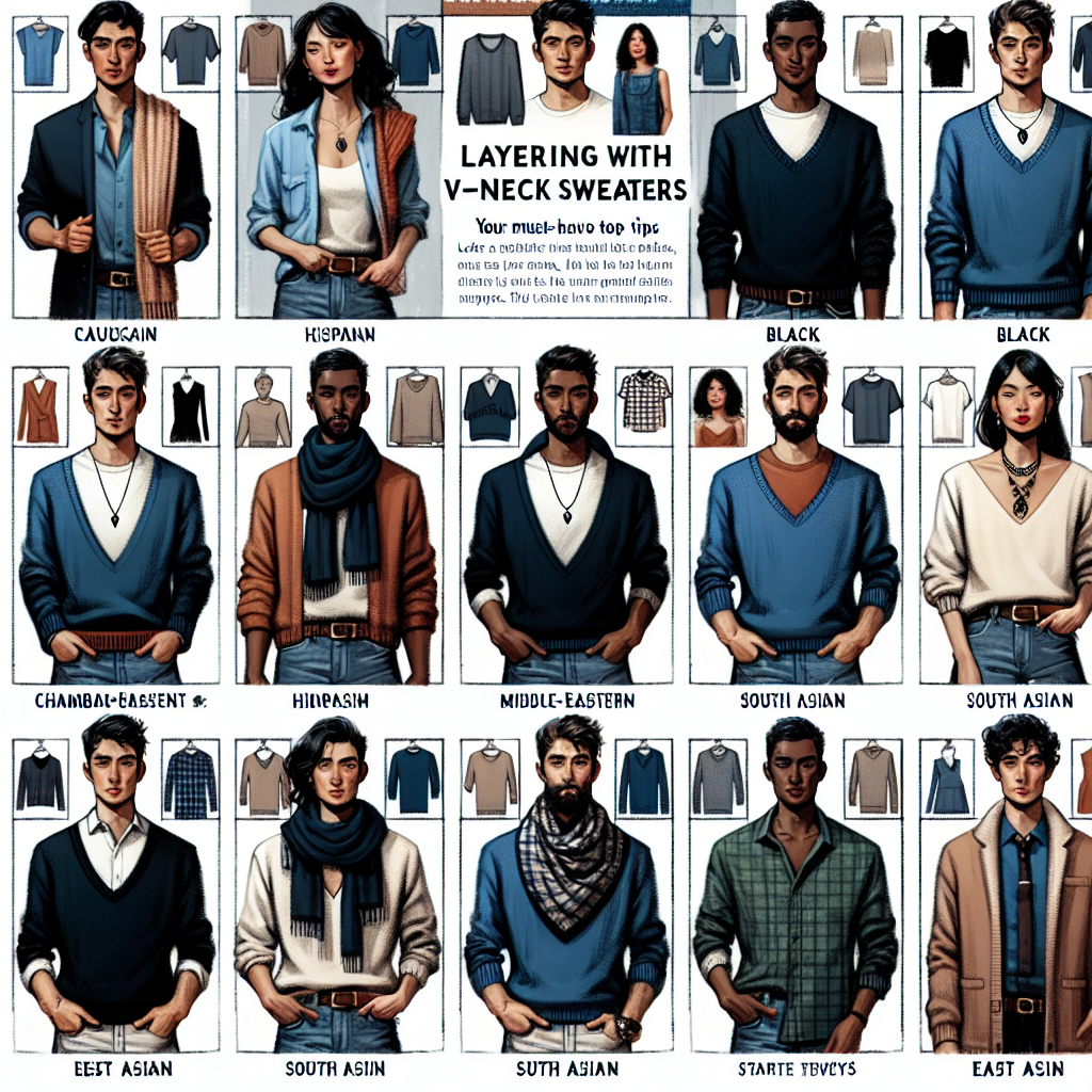 Visual interpretation of an educational fashion guide on layering with V-neck sweaters. Show models of a variety of descents such as Caucasian, Hispanic, Black, Middle-Eastern, South Asian, and East Asian. Depict a balance of gender representation. Let them wear a diverse range of V-neck sweaters with different color and fabric options. Pair these sweaters with items such as chambray shirts, plaid scarves, or statement necklaces. Showcase different looks, from casual to formal, across a series of squares forming a larger image similar to a magazine spread. To communicate 'must-have tips', present tip bubbles around some models.