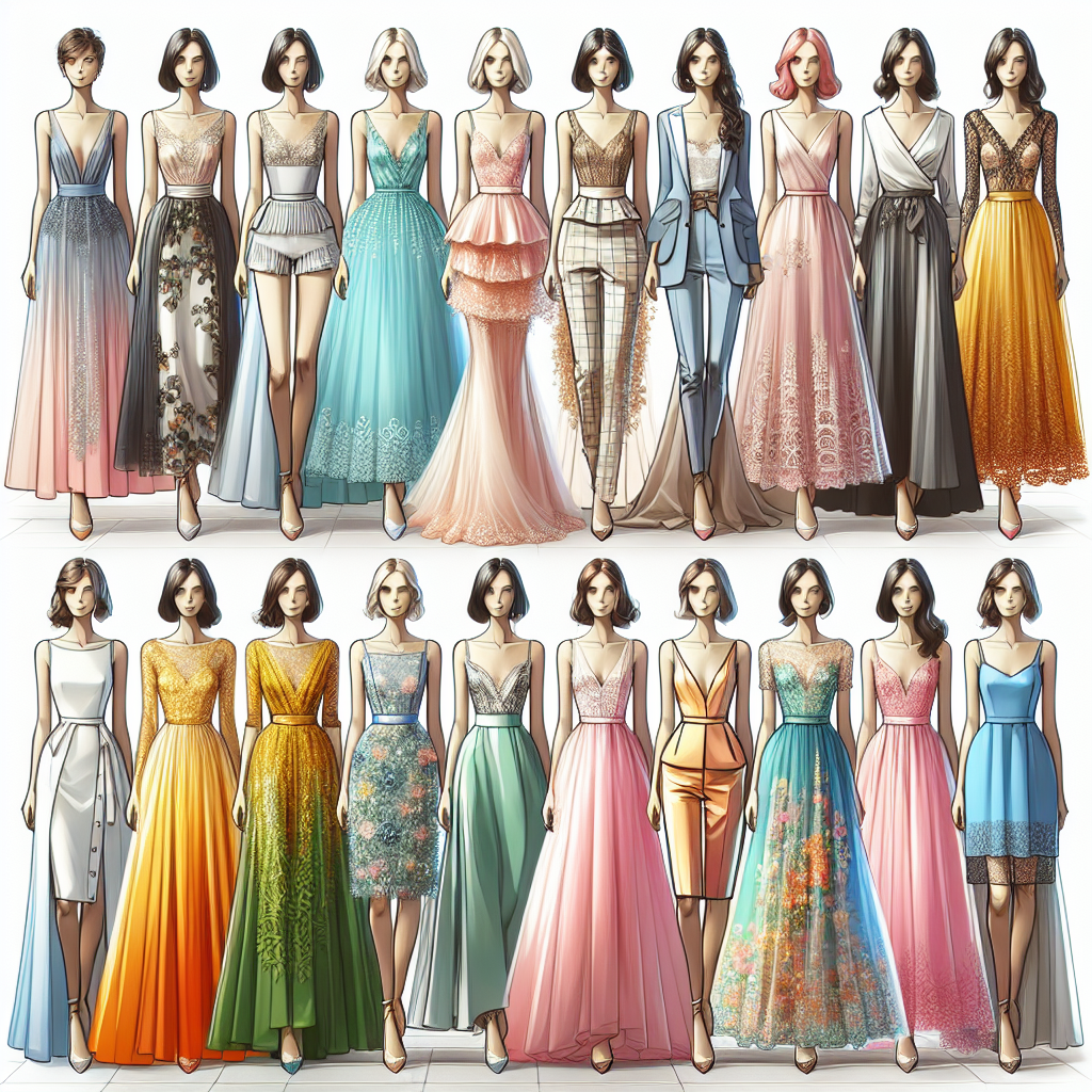 Visual representation of an array of stunning wedding guest outfits showcasing a variety of styles. The image should include a spectrum different outfits, each reflecting a unique fashion sense. To reflect diversity of individuals who might wear these, imagine each outfit presented on a mannequin with varying body types. Include garments suitable for formal and semi-formal weddings, encompassing diverse styles such as classic elegance, chic modern, bohemian, vintage, and glamour. Highlight the use of various fabrics such as silk, lace, chiffon and satin, and vivid color schemes ranging from vibrant summer hues to subtler winter pastels.