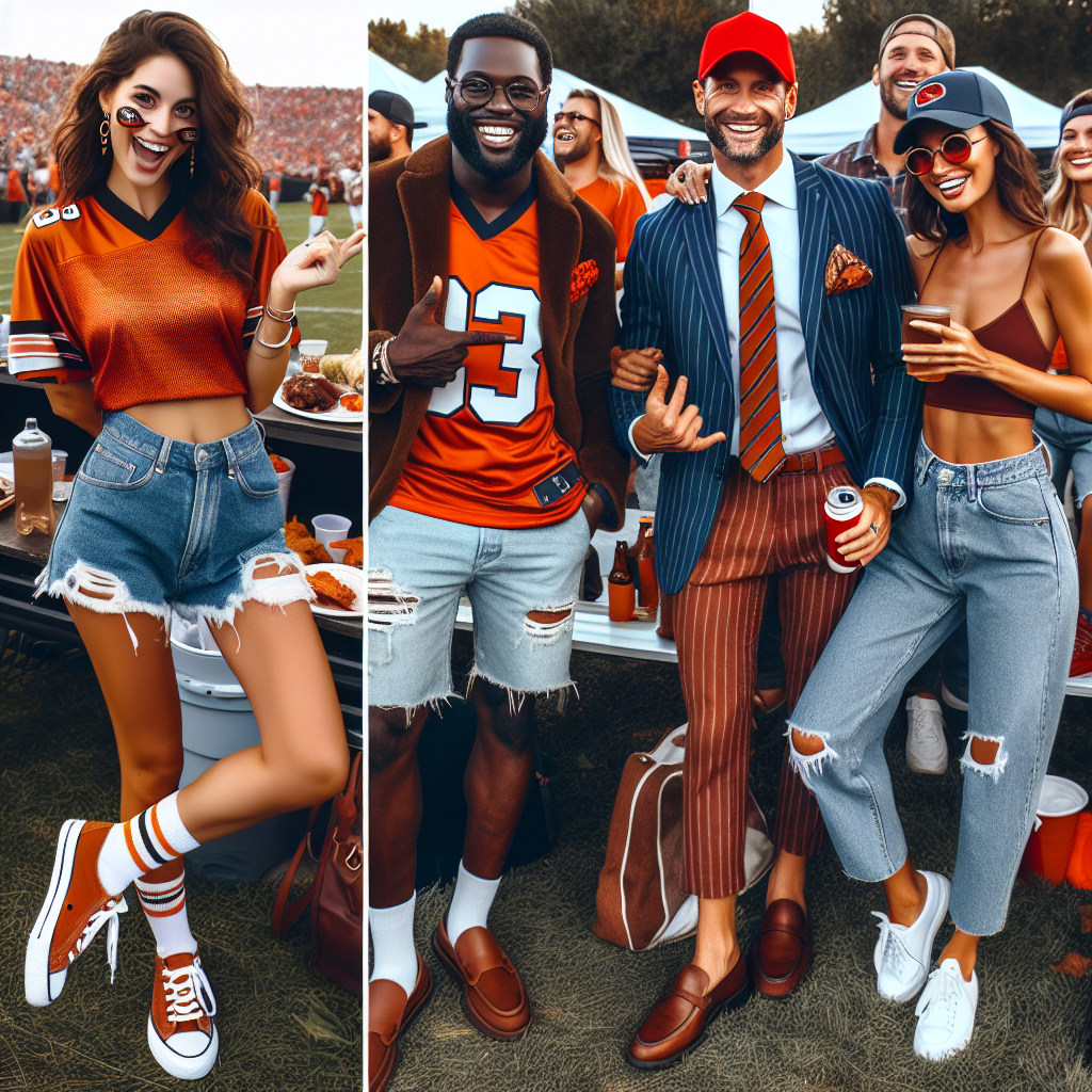 Picture a tailgate scenario, with a variety of individuals of diverse descent on a game day. A middle-eastern woman happily showing off her chic outfit consisting of a burnt orange sports jersey paired with distressed denim shorts and white sneakers. On the side, a jovial black man is seen wearing a stylish outfit, featuring a navy-blue pin-striped suit, team-colored pocket square, and brown leather loafers. Further off, a Caucasian woman in a sporty look, wearing a red baseball cap, slim-fit jeans, and comfortable canvas shoes. All are relishing the vibrant atmosphere.