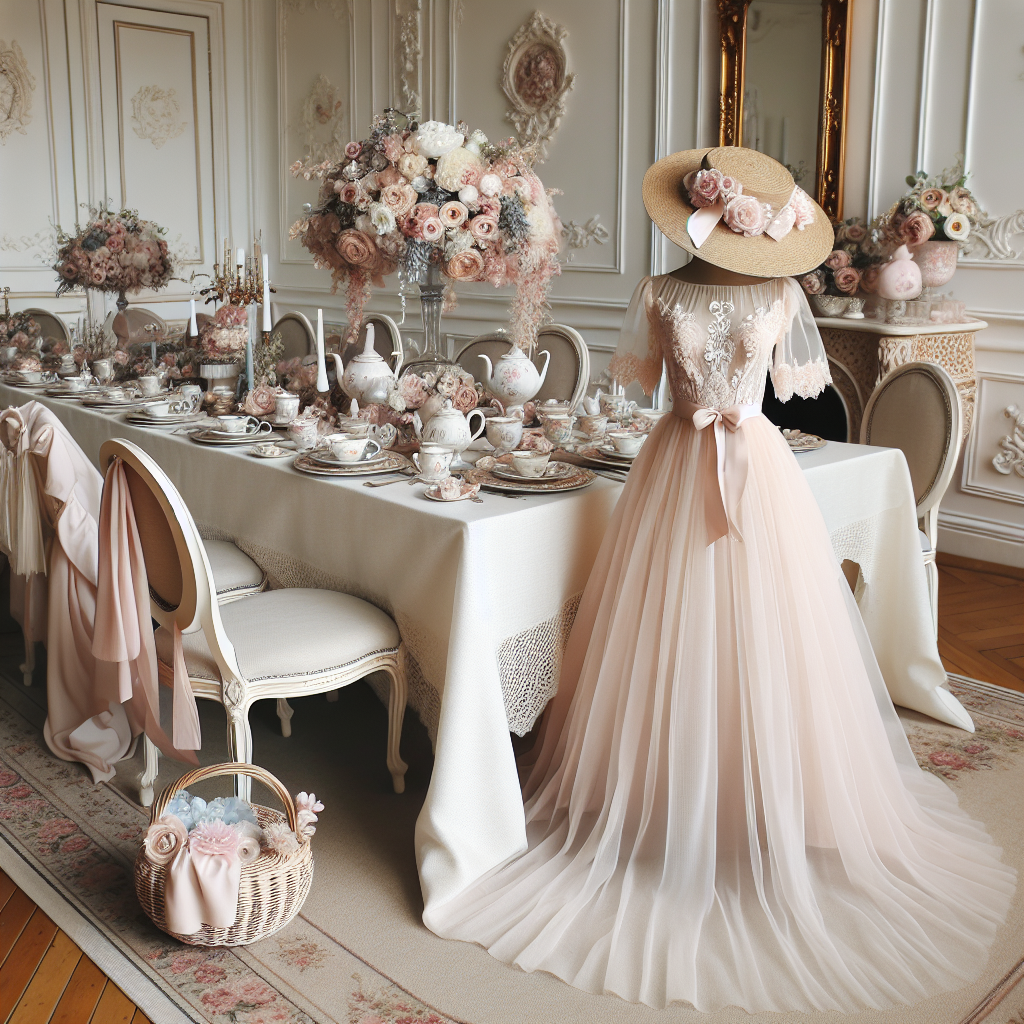 Tea Party Chic: Discover Your Perfect Baby Shower Look An elegant setting fitting for a daytime baby shower. A long table decorated with white tablecloth, dotted with pastel-colored flower centerpieces, delicate china teacups, and charming tea pots. A lavish chair with an exquisite white fabric draped. On the chair, features a lovely dress: a chic outfit reflecting the ambience of the tea party - flowing mid-length dress in blush pink with a flattering empire waist line, delicate lace detailing, and a wide brimmed straw hat adorned with pastel toned silk flowers. This setting emanates a relaxing yet festive atmosphere perfect for a baby shower.