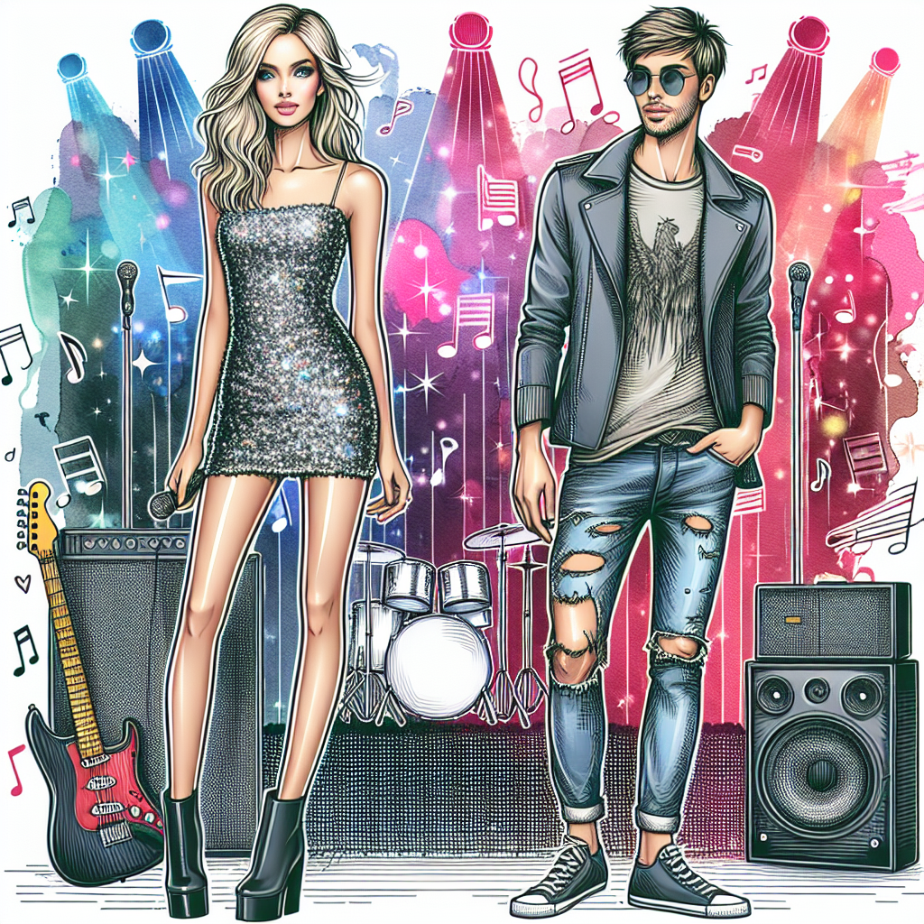 A chic and dazzling composition of fashion outfits suitable for a pop music concert. Front and center is a charismatic young woman with a slim physique, blonde hair, and a vibrant, energetic stage presence. She wears a silver sequined mini dress paired with black ankle boots. To her left, a male friend sports a casual yet stylish ensemble including a band t-shirt, worn-in jeans, and sneakers. Outlines of a vibrant, music-filled background frame the scene, including colorful spotlights and a stage. This collection captures the excitement and glamour of heading to an outstanding and popular music concert.