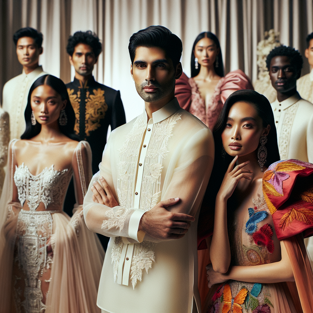 What to Wear to a Filipino Wedding: Stunning Outfits Imagine a sophisticated Asian wedding setting full of vibrant colors. In the heart of it, a Middle-Eastern man is wearing a traditional Barong Tagalog, a semi-transparent, embroidered shirt in ivory; this is a classic choice for Filipino nuptials. On the other side stands a South Asian woman, she's wearing a Maria Clara ensemble which is elegant and vibrant, having a four-piece garment with its regal butterfly sleeves in a rich, jewel-toned hue. There are also some Caucasian and Black attendees wearing clothing inspired by the traditional Filipino clothing, offering a visual feast of style and culture.