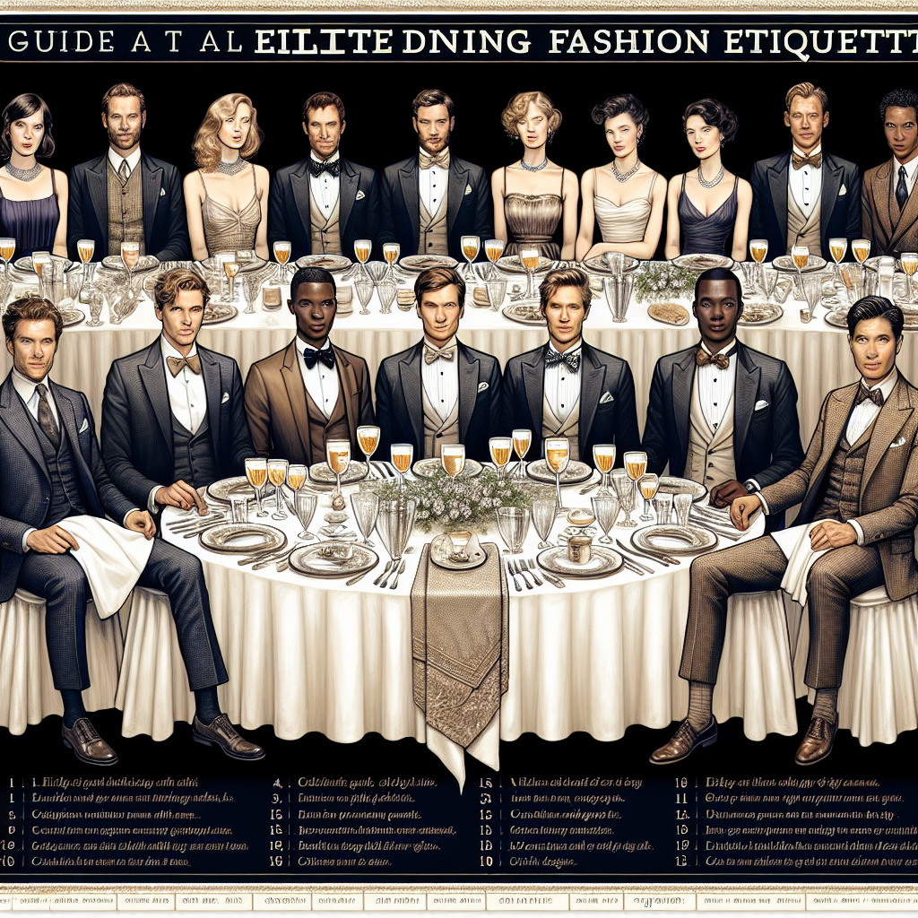 An illustrative guide to elite dining fashion etiquette. Visualize a lavish dining hall, featuring fine wooden tables set with glittering silverware and white linen, crystal glasses shining under the chandeliers. In this setting sits a group of elegantly dressed individuals, expressing diversity with an equal mix of men and women from Caucasian, Hispanic, Black, Middle-Eastern, and South-Asian descent. Their attire ranges from cocktail dresses to three-piece suits, in dark and neutral tones, displaying a range of high-end fashion choices. Beside them, a numbered infographic gives a rundown of do's and don'ts, all shown in a classic, detailed style.