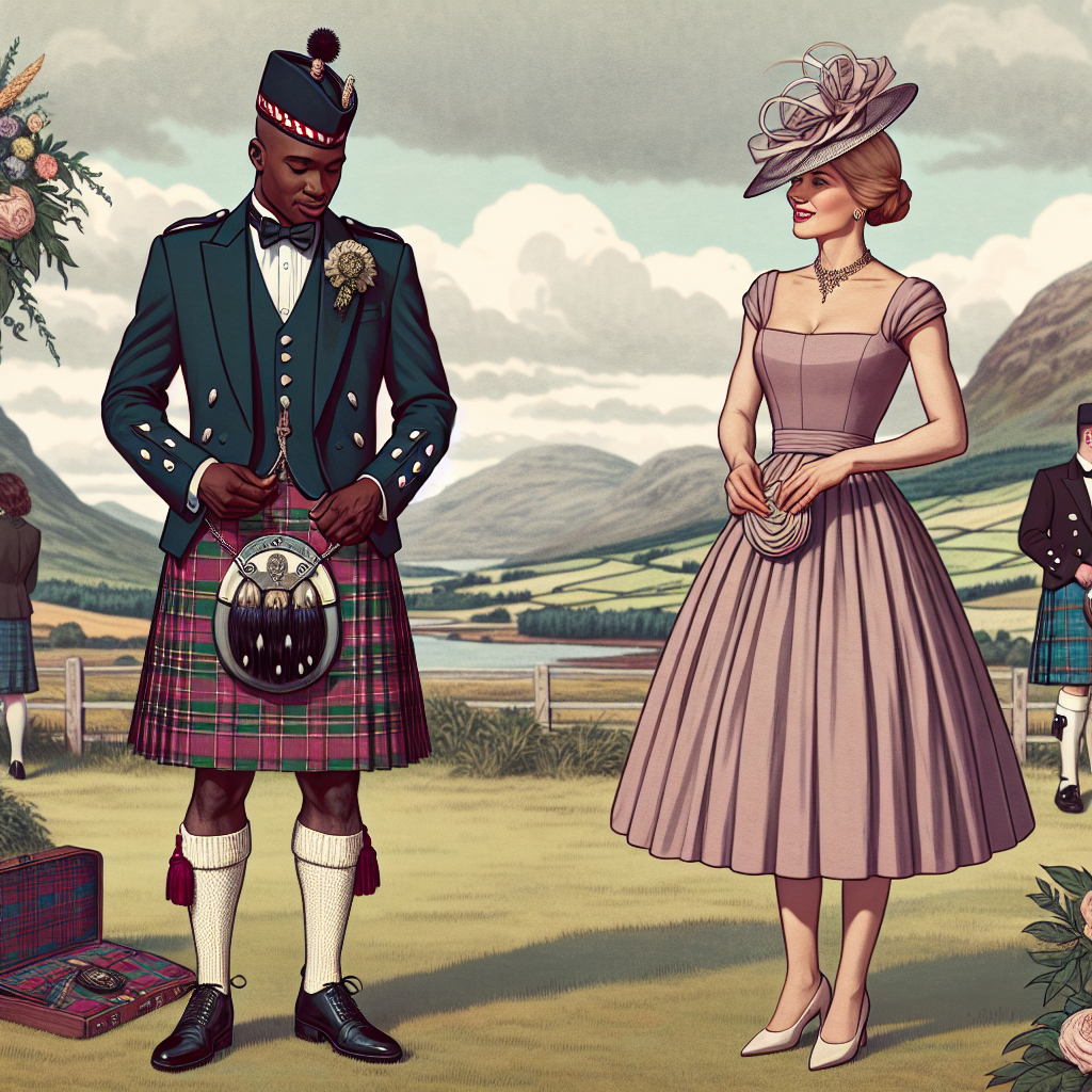 Must-Have Styles: What to Wear to a Scottish Wedding Imagine a traditional Scottish wedding scene. Two guests, a Caucasian woman and a black man, are preparing for the event. The man is adorning a classic Scottish highland dress, complete with a tartan kilt, a sporran, and traditional gillie shoes. The woman, in contrast, is wearing an elegant knee-length dress in a pastel colour, accessorised with a stylish fascinator. In the background, a picturesque landscape with lush, rolling hills, indicative of the Scottish Highlands, adds to the authenticity and beauty of the scene.