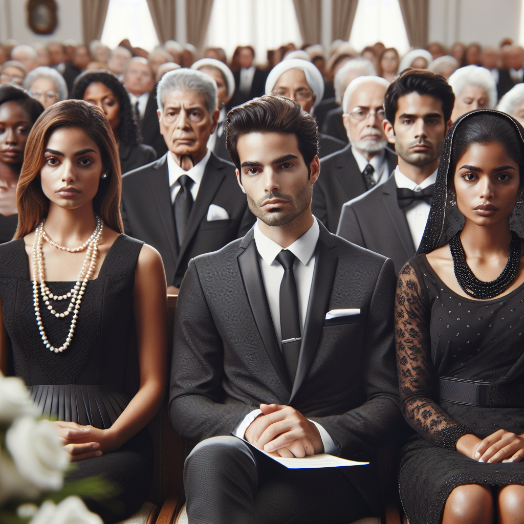 What to Wear to a Memorial Service: Effortless Elegance An image depicting a solemn setting at a memorial service. The congregation is filled with an array of individuals: a Latina woman dressed in a neat black dress paired with a string of pearls, a Middle-Eastern man in a charcoal grey suit with a black tie, a South Asian woman in a classic black sari adorned with tiny white motifs, and an African-American man in a well-tailored black tuxedo paired with a crisp white shirt. The setting exudes an air of respect and understated elegance, with attendees conveying their condolences in a respectful manner.