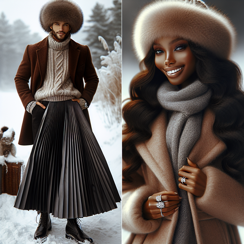 Visualize a couples' winter engagement photoshoot, set amid a snowy landscape. Capture an African woman clothed in a stylish, warm ensemble which includes a cashmere sweater, a floor-length pleated skirt, and a faux fur trapper hat. Her partner, a Caucasian man, is dashingly attired in a designer peacoat, complementary knitted scarf and beanie, and fine leather boots. The couple's radiant smiles of joy, sparkling engagement rings, and the cozy winter ambiance form the focal point of this stunning tableau.