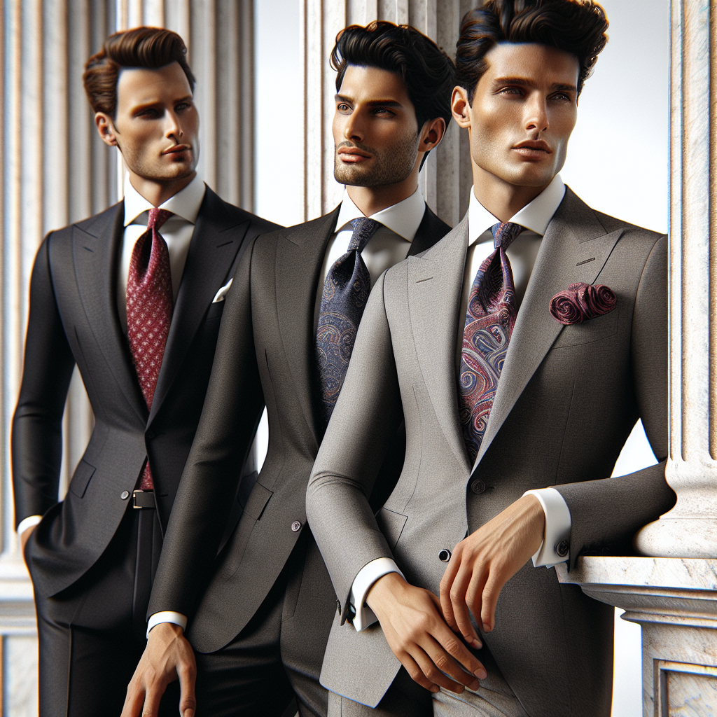 Imagine a visually engaging and detailed image of three men leaning against a white marble column. The first man, who is of Caucasian descent, is donning a sleek black Italian suit with a hint of a red silk tie peeping from underneath the suit. The second man, of South Asian descent, is wearing charcoal grey formal wear with a finely woven blue paisley tie, showcasing his style effortlessly. Finally, the third man, of Hispanic descent, features innovative formal fashion with a light grey suit, paired with a stylish printed magenta tie. Each of them poses confidently, leaving an undeniable impression of sophistication and class.