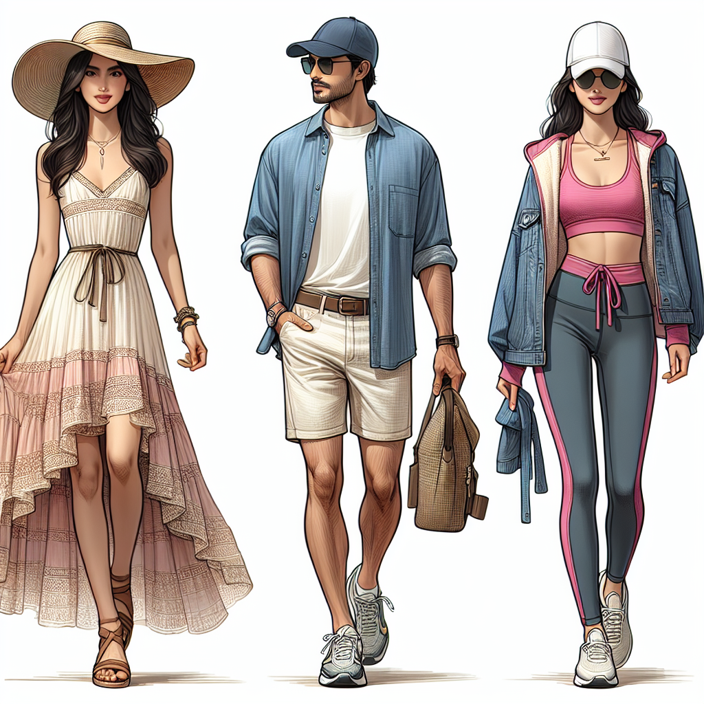 Visual representation of a compilation of stunning outfits for walking. The first outfit is on a Middle Eastern woman, featuring an elegant sundress in pastel colors, paired with a co-ordinating sunhat and sandals. The second outfit is on a Hispanic man, who's wearing casual denim jeans with a stylish cotton shirt and comfortable sneakers. Lastly, we have a South Asian woman wearing athleisure clothes: sleek leggings, vibrant sports bra, a jacket tied around the waist, and comfortable running shoes. These outfits are designed for both style and comfort while walking and should express an effortless style.