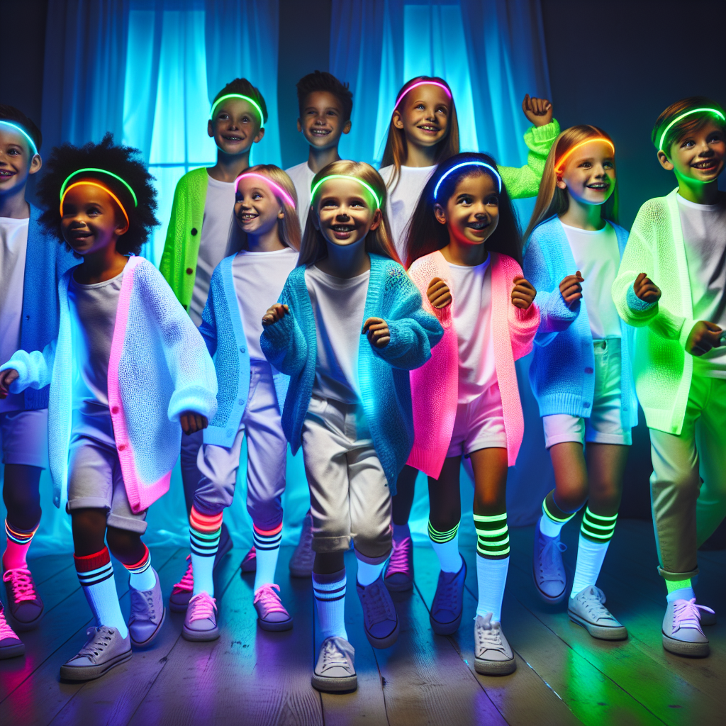 Glow Party Style: Stunning Kids' Outfits with White Cardigans Imagine a group of excited kids at a glow party. The room is dimly lit with vibrant neon lights in different colors; blues, greens, pinks, and yellows. All the kids are wearing bright white cardigans that are illuminating under the glow. Each pair of trousers and footwear is color-coordinated with neon accessories like bangles, headbands, and glowing necklaces. A couple of the kids are Caucasian while others are of Middle-Eastern and Black descent. Their genders are diverse, with both boys and girls included. Capture their joy and laughter as they dance and play amidst the lovely, glowing ambiance.