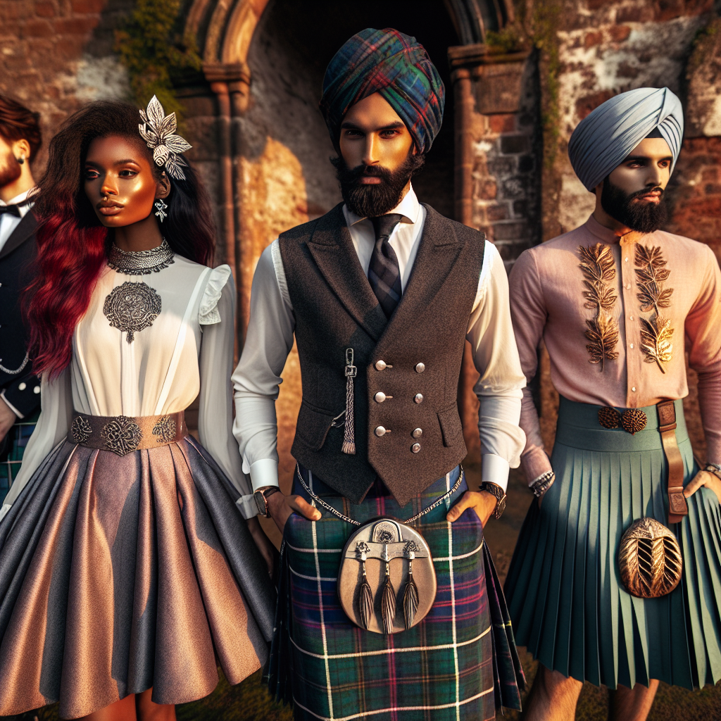 Stunning Kilt Outfits: Effortless & Elegant Choices Picture an intricate scene showcasing a variety of stunning kilt outfits. The foreground is occupied by three individuals: a Black female with long crimson hair wearing a traditional tartan kilt paired with a stylish white blouse ornamented with silver Celtic jewelry, a South Asian male with a turban demonstrating an elegant combination of a modern graphite grey kilt with a navy blue double-breasted vest, and a Middle-Eastern gender-neutral individual boasting a vibrant green pleated kilt matched with a pastel pink linen shirt tied at the waist and complemented by gold leaf-shaped accessories. They all stand against the backdrop of a rustic brick wall under soft golden hour light, confidently showcasing their effortless and elegant choices in kilt fashion.