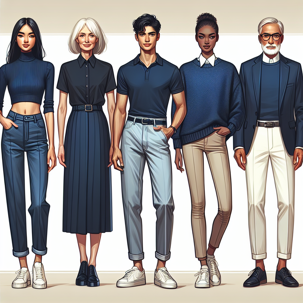 Must-Have Styles for Navy Blue Tops: Effortlessly Chic A fashion display composed of five different styles to wear a navy blue top. Starting from the left, there is a young Middle Eastern model sporting a navy blue crop top with high waisted jeans. Beside her, an elderly Caucasian woman modeling a formal navy blouse with a pencil skirt. Third, a South Asian male showing off a casual style in a navy blue polo shirt and khaki shorts. Next, a Black woman in an oversized navy blue sweater with leggings for a cozy look. Lastly, a Hispanic male in a navy blue blazer paired with white chinos, exemplifying a smart casual look.