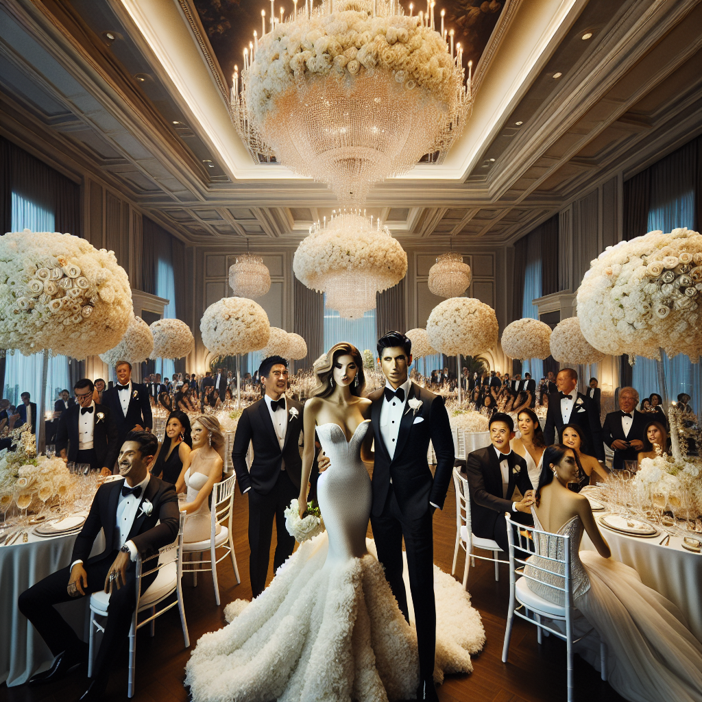 Visualize an upscale wedding reception set in a grand ballroom. The room is filled with elegant round tables draped in white linen, with towering centerpieces of lush, white roses. A South Asian groom in a black tuxedo, together with his Hispanic bride in a stunning white gown, shimmer with joy. Friends and family, adorned in black tie attire, mingle happily. Men in sharp black tuxedos and women in a variety of stylish evening gowns of different hues create a tableau of multicultural elegance. The overall ambiance glows with sophistication, under the crystal chandeliers casting a warm, soft light.