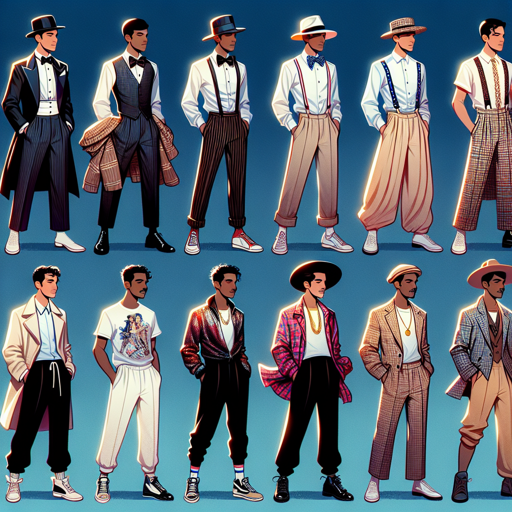 Stunning Broadway Looks for Men: Effortless Style Guide An animated image showcasing various fashionable Broadway-inspired outfits for men. From dramatic tailcoats to casual chic, portray seven different styles. The first look is a classic black tailcoat, white shirt, bowtie, and high-gloss shoes typically seen in evening performances. The second look flaunts a modern hip-hop style baggy jeans, oversized t-shirt, and a cap, reflecting the urban, streetstyle influence. The third look exhibits an elegant yet relaxed beige linen suit ideal for daytime performances. The fourth outfit captures a vintage 1920s jazz musician style - pinstriped suit, fedora hat, and shiny two-tone shoes. The next ensemble is a vibrant, sequin-covered stage costume – flashy but tasteful. The sixth look is a dance outfit with a flowy white shirt and black dance pants - simple yet functional. Finally, the seventh look emanates a workshop-chic with a plaid shirt, comfortable jeans, and rugged boots, mimicking a behind-the-scenes look. Each man showcasing these outfits are from differing descents: South Asian, Middle Eastern, Black, Hispanic, Caucasian, Native American, and Pacific Islander.
