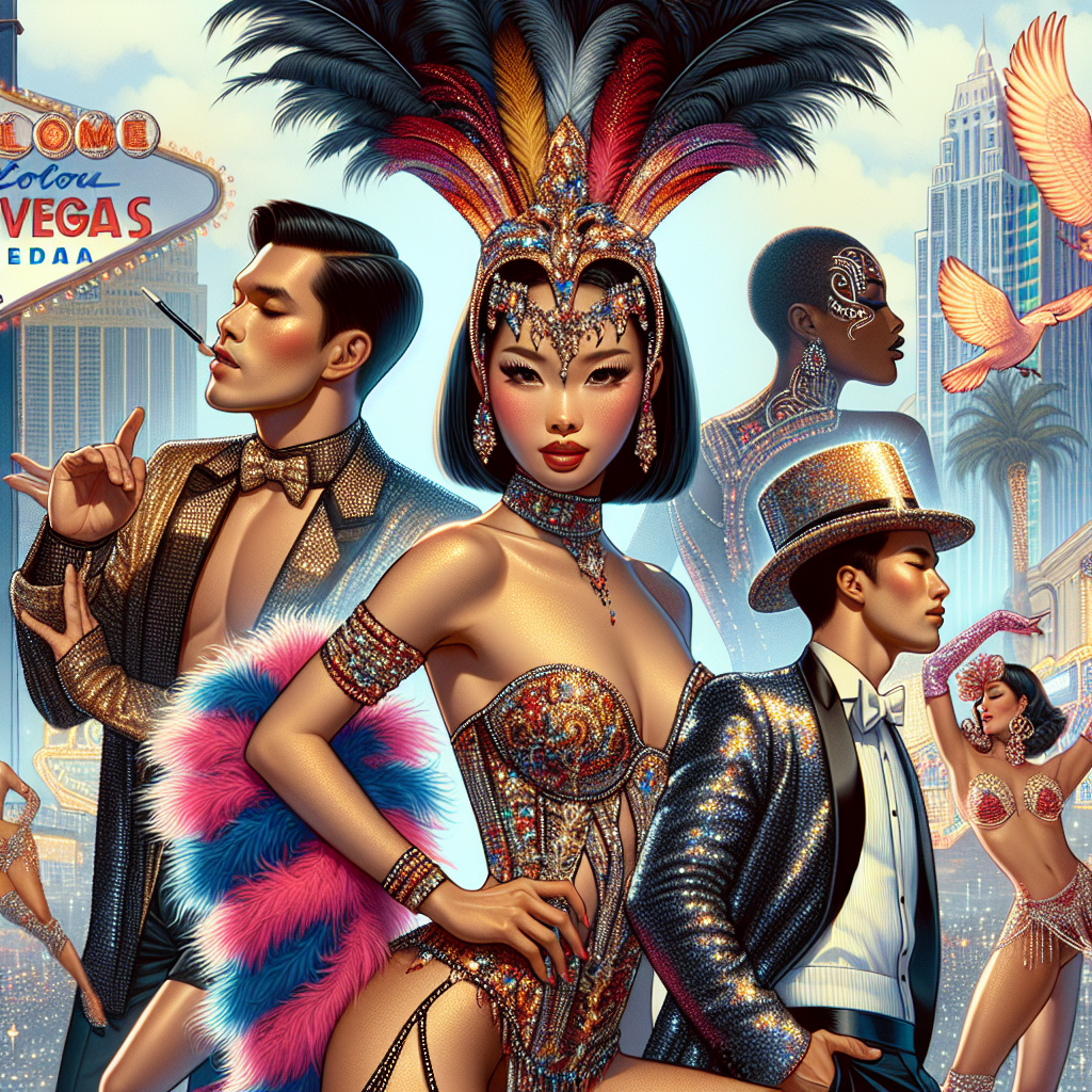 Visualize an exciting and vibrant scene featuring a variety of Vegas style show outfits. Think about incorporating sequins, feathers, and vibrant colors reflecting the glitz and glamour of Las Vegas performances. Depict an Asian female with a stunning showgirl outfit complete with a feathered headdress, a Black male in a sleek sequined suit showing off his dance moves, and a Middle-Eastern individual showcasing a dazzling magician's ensemble. Let there be a sense of extravagance contrasted with the elegance inherent in performance outfits.
