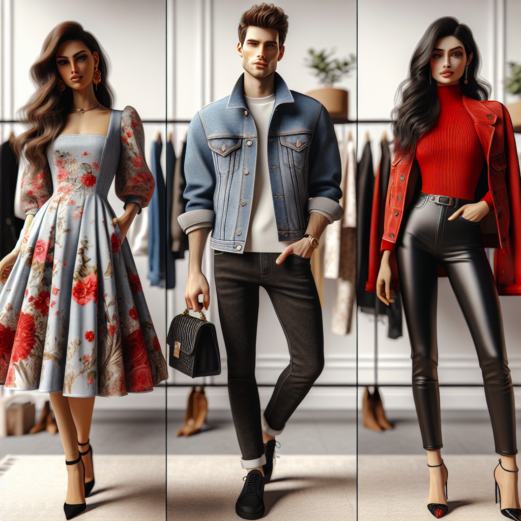 An exploratory fashion scene showcasing a variety of stunning and trendy outfits that pair perfectly with a denim jacket. The scene should portray three different individuals: a Hispanic woman in a floral dress, a Caucasian man in a crisp white shirt and black jeans, and a Middle-Eastern woman in a vibrant red turtleneck and black leather pants. Each of them is wearing a denim jacket styled in a unique way, displaying how versatile this item is. The backdrop is chic and minimalist, not distracting from the fashion pieces. All outfits exude an air of casual sophistication and trendiness.