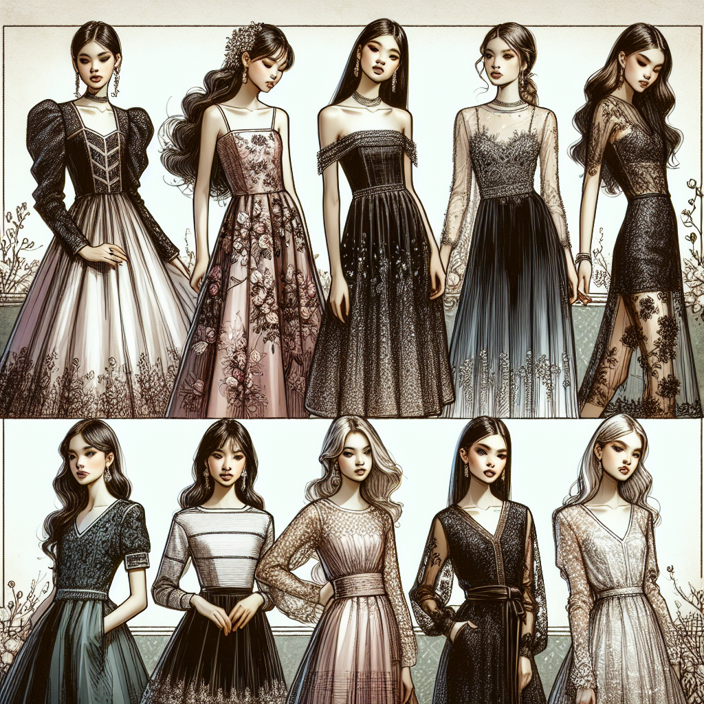 Stunning Outfits for Bat Mitzvahs: Effortless Elegance Image of a fashion showcase presenting stunning outfits suitable for Bat Mitzvahs. Envision a variety of stylish dresses, skirts, and coordinated sets. Each outfit reflecting effortless elegance with intricate details like lace or beadwork. Commence the showcase with an Asian teenage girl wearing a sophisticated floral satin dress. Progress with a Black teen in a classic gown with sequin embellishments. Conclude with a Caucasian girl donning a long lace skirt teamed with a chic top. Include elements of delicate jewelry and tasteful accessories. The background merges tastefully with muted colors, enhancing the vibrancy of the outfits.