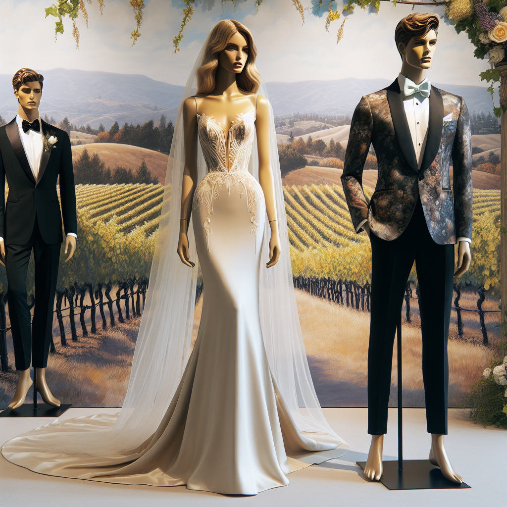 A scenic image showcasing a gorgeous vineyard decorated for a wedding ceremony. In the foreground, two mannequins elegantly dressed. The first mannequin is dressed in a sleek, cream-colored wedding gown, adorned with intricate detailing and a delicate, flowing veil. She should embody a Caucasian femininity. The second mannequin is dressed in a sophisticated black tuxedo paired with a white shirt and a glossy pastel blue tie. He should radiate a sense of Middle-Eastern masculinity. The background is painted with a beautiful, sunlit wine country, accentuating the cheerful ambiance.