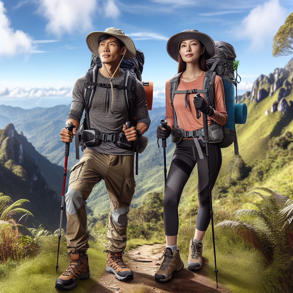 Compose a vivid and detailed image of an Asian male hiker and a Caucasian female hiker, fully equipped with essential outdoor gear for a hike. They are both wearing breathable clothing, sturdy hiking boots, hats for sun protection, and equipped with hydration backpacks. Both should have hiking poles for support. The scene is in a lush, picturesque mountain trail, with a clear, blue sky overhead, signifying perfect hiking weather. Their expressions should reflect enthusiasm and readiness, depicting their preparedness and guidance for an effective hiking journey.