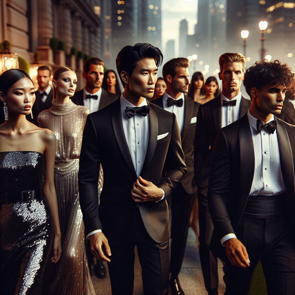 Stunning Black Tie Outfits: Effortless Elegance An atmospheric cityscape at dusk, with a throng of fashionably dressed individuals of various descents and genders walking on the sidewalk. Some are donning posh black tie outfits that radiate effortless elegance, but each one would have a distinctive fine touch. Among them, an Asian woman wearing a shimmering sequined gown, a Middle-Eastern man in a faultless tuxedo, a Caucasian woman in an elegant black dress, and a Black man in a tailor-fitted suit. The ambiance radiates a feeling of splendour and sophistication.