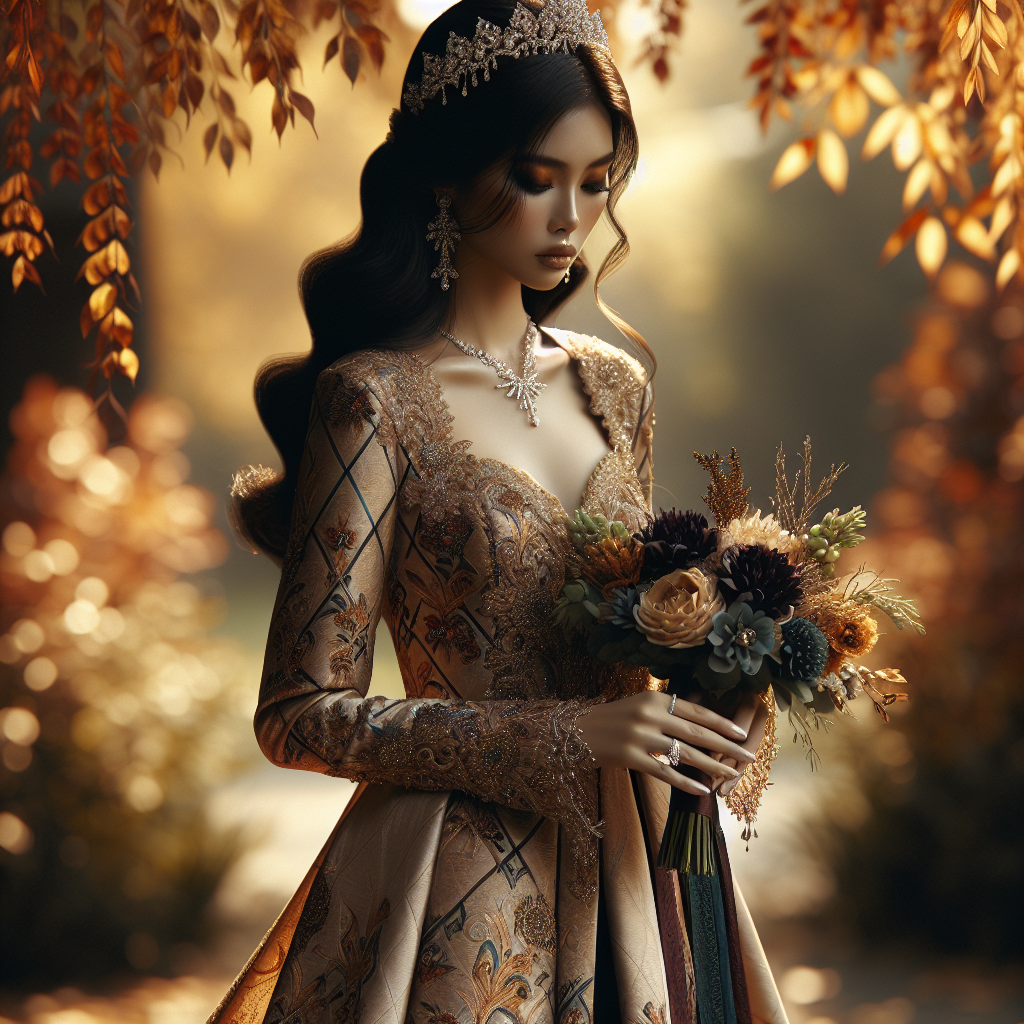 Stunning September Wedding Outfits for Her: Effortless Elegance Imagine an effortlessly elegant woman dressed in a stunning wedding outfit suitable for a September ceremony. Described as a Southeast Asian woman showcasing her cultural heritage, she wears a full-length silk dress with intricate patterns. The dress carries the warmth of autumnal hues on its palette, with hints of gold, burgundy and deep green. A delicate diamond-studded tiara adorns her long black hair, softly curled to create a romantic feel. She holds a uniquely crafted bouquet, its flowers mirroring the colors incorporated in her dress. Behind her, golden September sunlight filters through arrays of fall foliage, to set a serene backdrop.