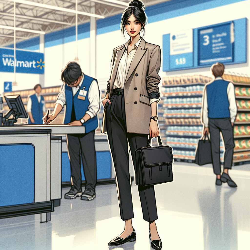 Depict a scene of a South Asian female impeccably dressed for a job interview. She is stylishly wearing a business casual outfit consisting of a well-tailored blazer in muted tones, crisp white blouse, and black pants, matched with polished black flats. Her hair is neatly tied in a low bun. She holds a carry-on portfolio bag with her resume peeking slightly. All on the backdrop of a grocery retail store, hinting at a Walmart-like setting with prominent features such as stacked shelves, checkout counter, and blue vest-clad employees milling around.