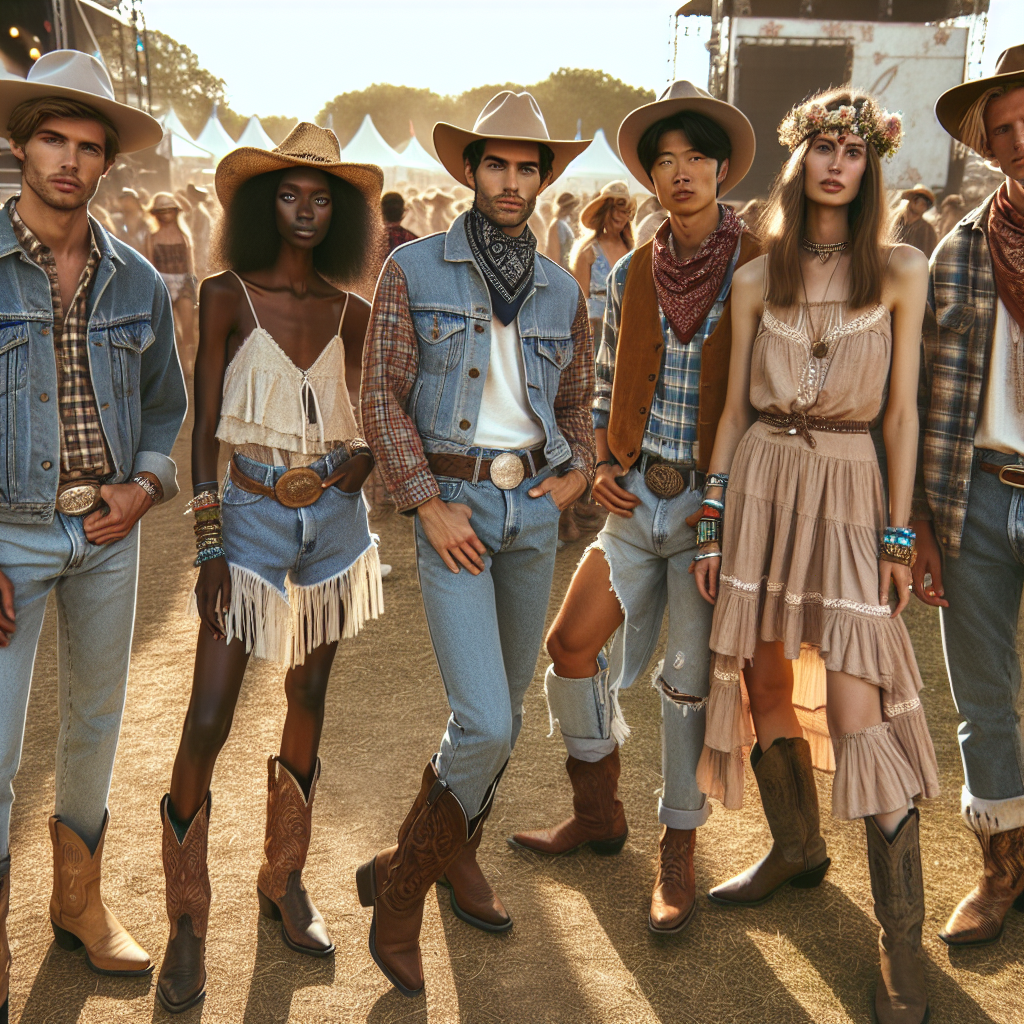 Aesthetic scene of a country music festival full of energy and excitement. Visible are a few festival-goers - a Caucasian man with a classic cowboy hat, denim jacket, and worn-in boots; a Black woman donning a fringed suede vest, denim shorts, and cowboy boots; an Asian man sporting a plaid shirt, brown trousers, and a bandana around his neck; a Middle-Eastern woman dressed in a flowy bohemian dress, a delicate flower crown, and vintage leather boots. They all seem to enjoy the rhythm of the music under the warm sunshine.