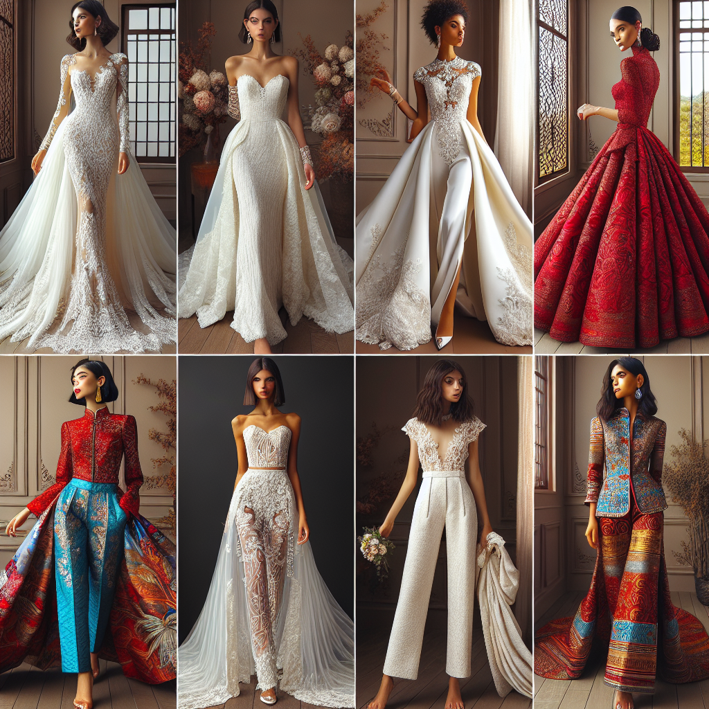 Stunning Wedding Outfits for Her: Effortlessly Chic A breathtaking collection of wedding outfits for women radiating effortless chic. Illustrate the elegant sophistication of a long, flowing white gown detailed with delicate lace, intricate beadwork, and a long train. Capture the style of a contemporary East Asian bride in a magnificent red cheongsam dress rich in detail and tradition. Demonstrate the trendy appeal of a bridal jumpsuit, perfect for the modern woman, featuring pants and a lace top. Lastly, showcase a vintage-inspired African gown with layered, vibrant fabrics and intricate patterns. Diversify the brides to include Caucasian, East Asian, African, and Hispanic women respectively for each dress.