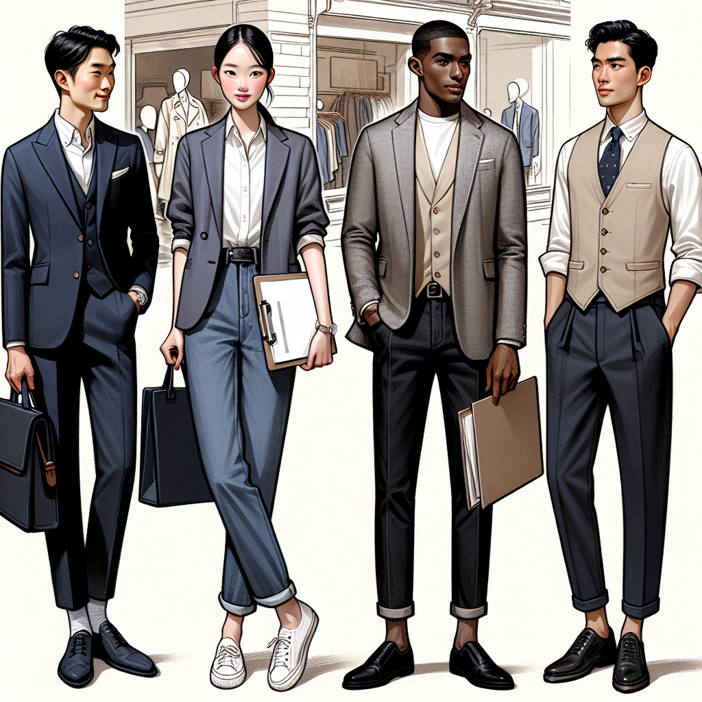 Illustration: An Asian woman donning a well-tailored navy blue suit with white collared blouse underneath, holding a portfolio of documents. A Black man showcasing a classy semi-casual style: grey blazer, crisp white t-shirt, and dark-wash denim jeans. An Hispanic man showing off a smart look with a beige waistcoat, white button-down shirt, and black trousers. They are all standing outside a retail shop, ready for their job interviews. Their expressions are confident, their postures exemplify professionalism. The overall feeling inspires a sense of dressing with intention to impress in a retail job interview setting.