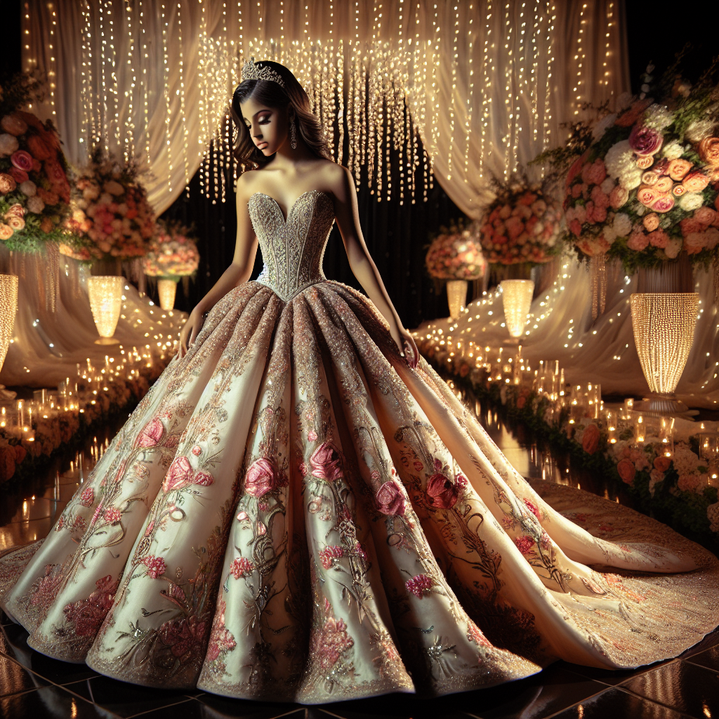 Stunning Quinceañera Styles: Effortless Elegance Unveiled Imagine the scene of a traditional Quinceañera celebration unfolding - the drama and elegance it posits. In the centre of it, a young Hispanic girl clad in a breathtakingly beautiful gown - a carefully chosen ensemble reflecting her coming of age. The dress is a harmony between traditional and modern influences, with intricate embroidery and vibrant color palette. The venue is decorated with lush flowers and twinkling fairy lights complementing the girl's elegance. This picture represents effortless elegance of the Quinceañera and stunning styles that instigate this celebration.